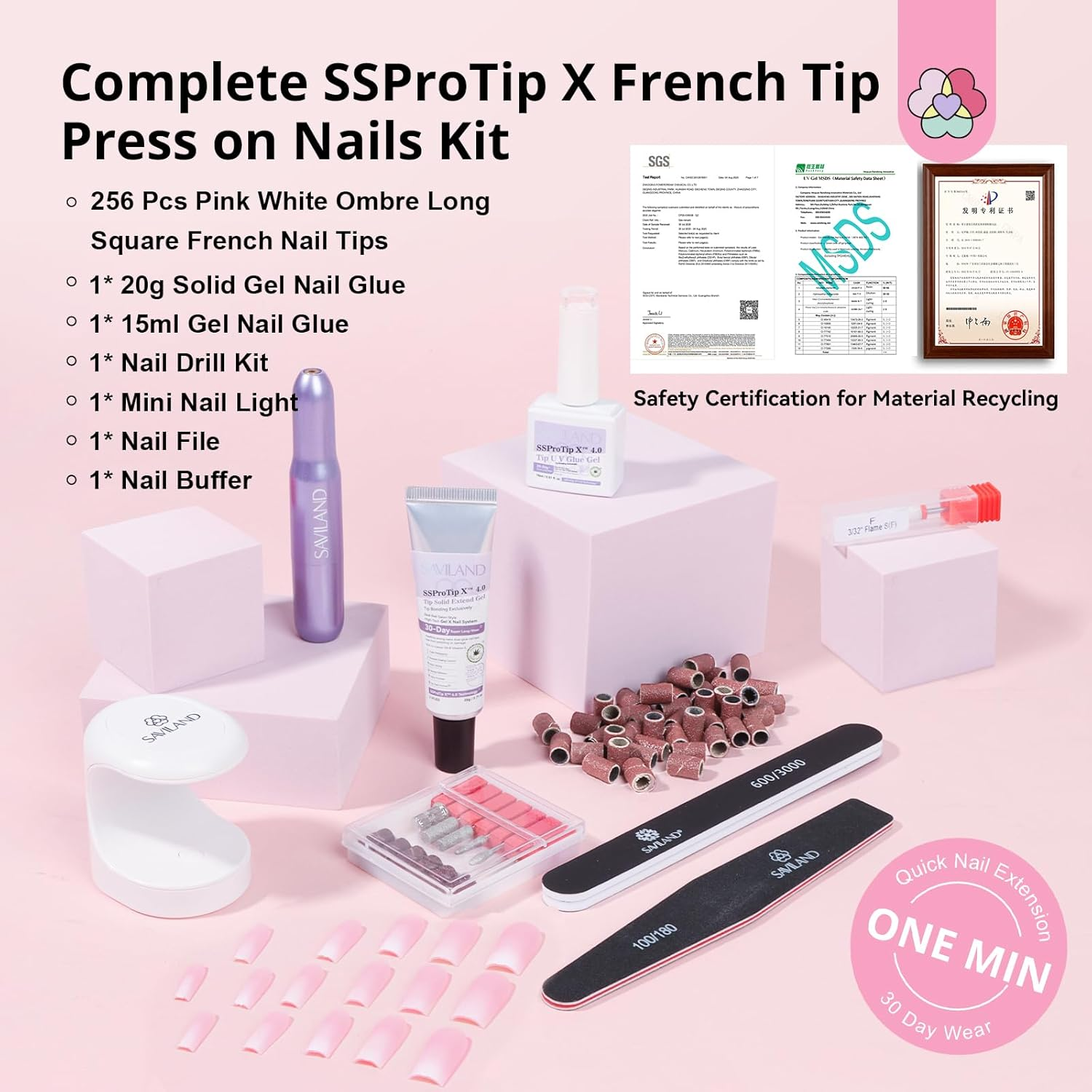 SAVILAND Nail Tips Kit with U V Light: 4X Soft Gel X Nails Long Square White Pink Ombre 256 Pcs Full Cover Gel Nail Tips VE & Castor Oil Gel Nail Glue Portable LED Lamp Nail Drill Kit Home Manicure image number 1