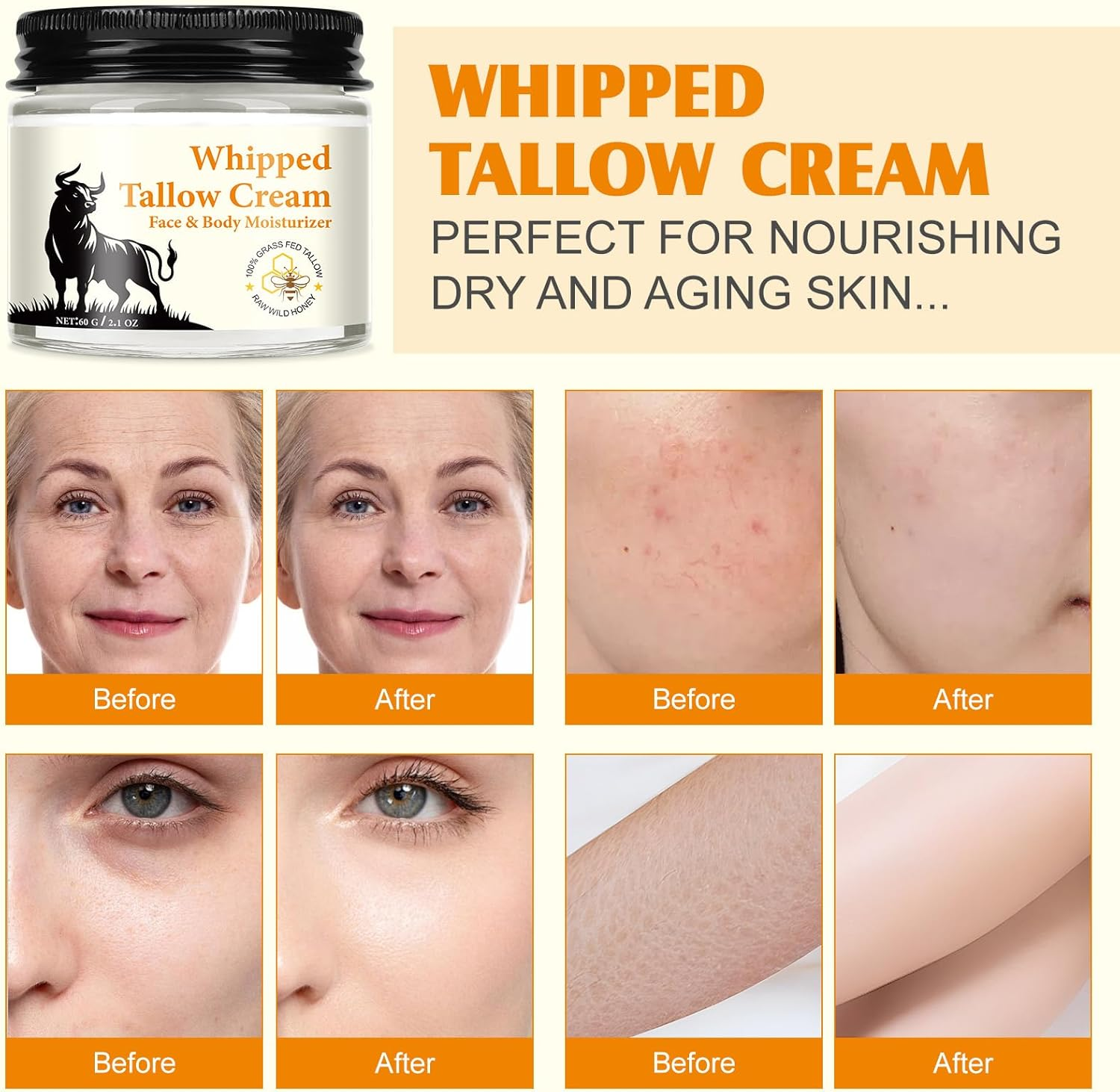 Beef Tallow and Honey Balm for Skin, All-Natural Moisturizer, Hydrating Tallow Balm with Raw Honey and Beeswax, Grass-Fed Beef Tallow & Raw Wild Honey Blend image number 2