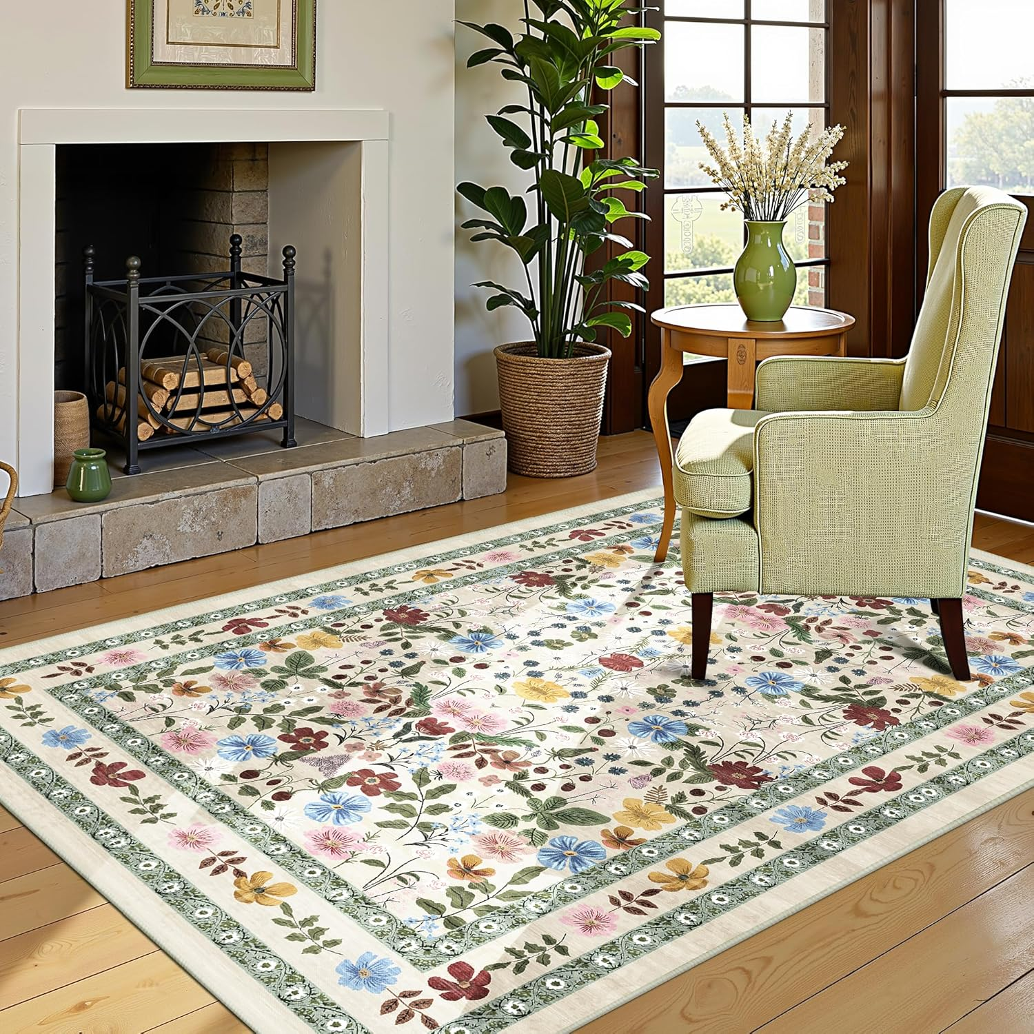 Deerly Green Rugs for Livingroom, Floral Boho Area Rug for Bedroom Child Nurseryroom Diningroom, Vintage Non-Slip Floor Rug Washable Bedunder Carpet Kitchen Office. (Beigegreen, 160X230Cm) image number 2