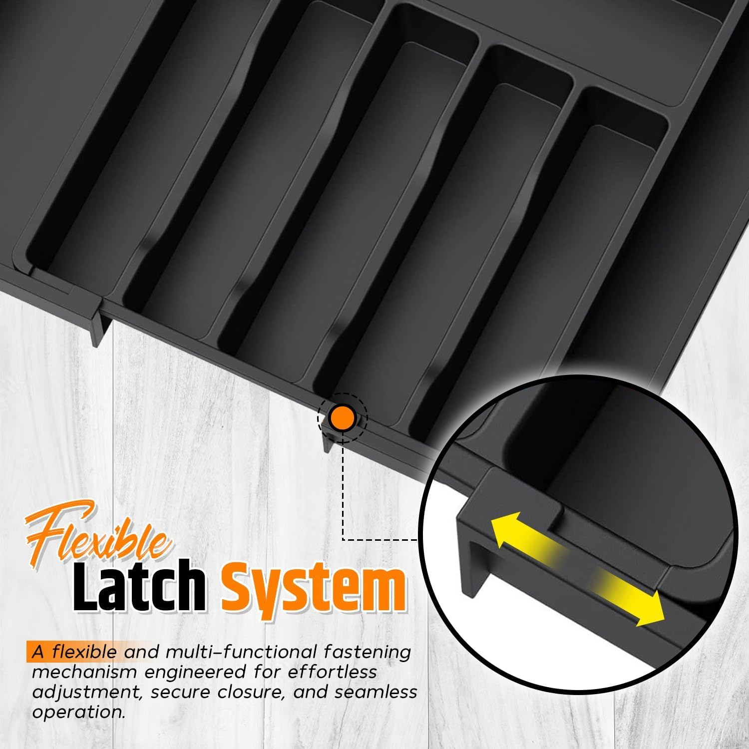 Expandable Kitchen Drawer Organizer &ndash; Large Black Cutlery Tray 33-57Cm &ndash; Adjustable Utensil Holder &ndash; 8 Compartments &ndash; Water-Resistant Plastic Storage for Silverware, Spoons, Forks, Knives & Gadgets image number 5
