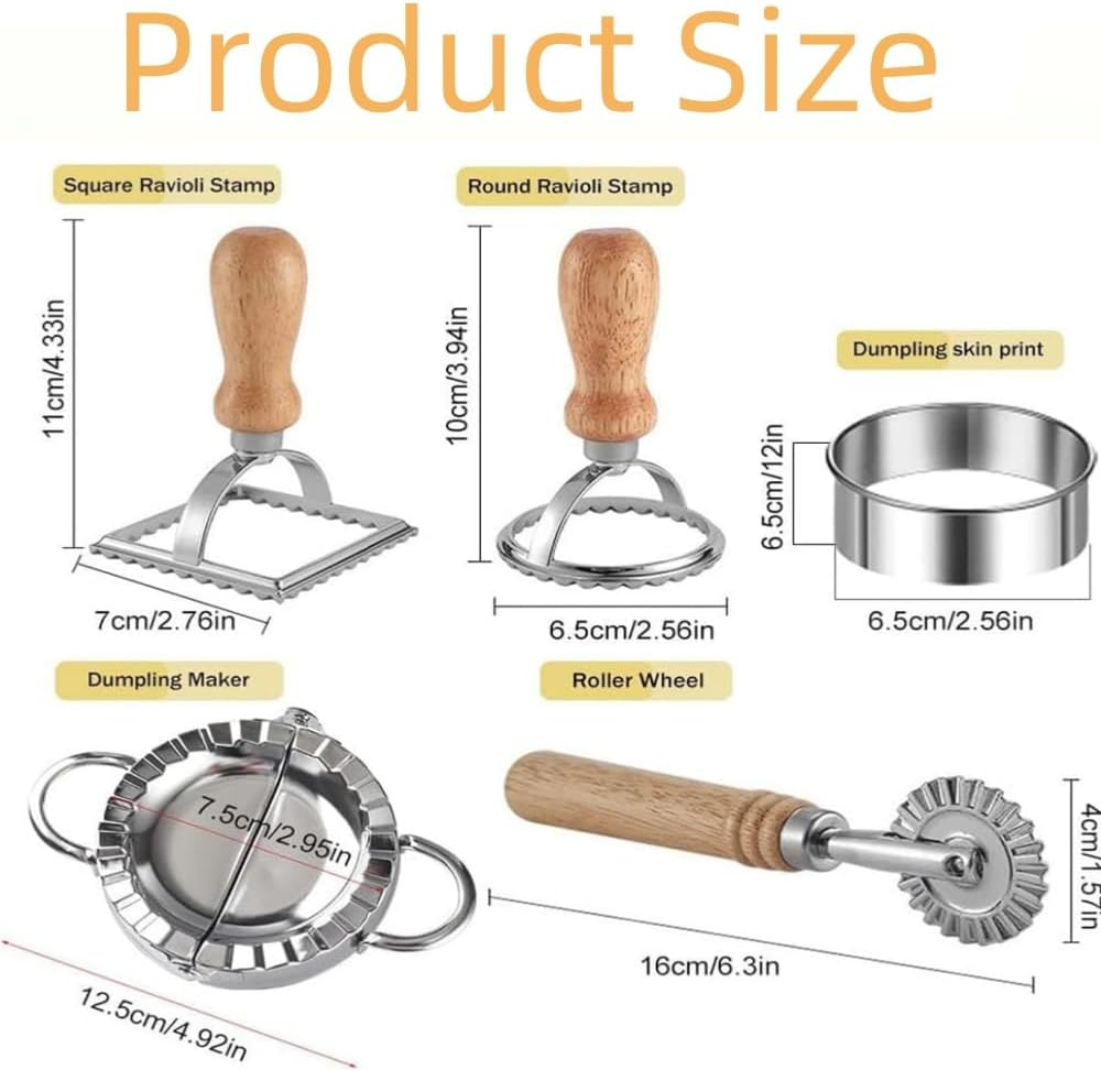 Ravioli Stamp Maker Tools with Roller Wheel Set of 5, Wooden Handle Ravioli Maker Tools with Roller Wheel, Pasta Press Wheel Dumplings Maker Tools image number 3