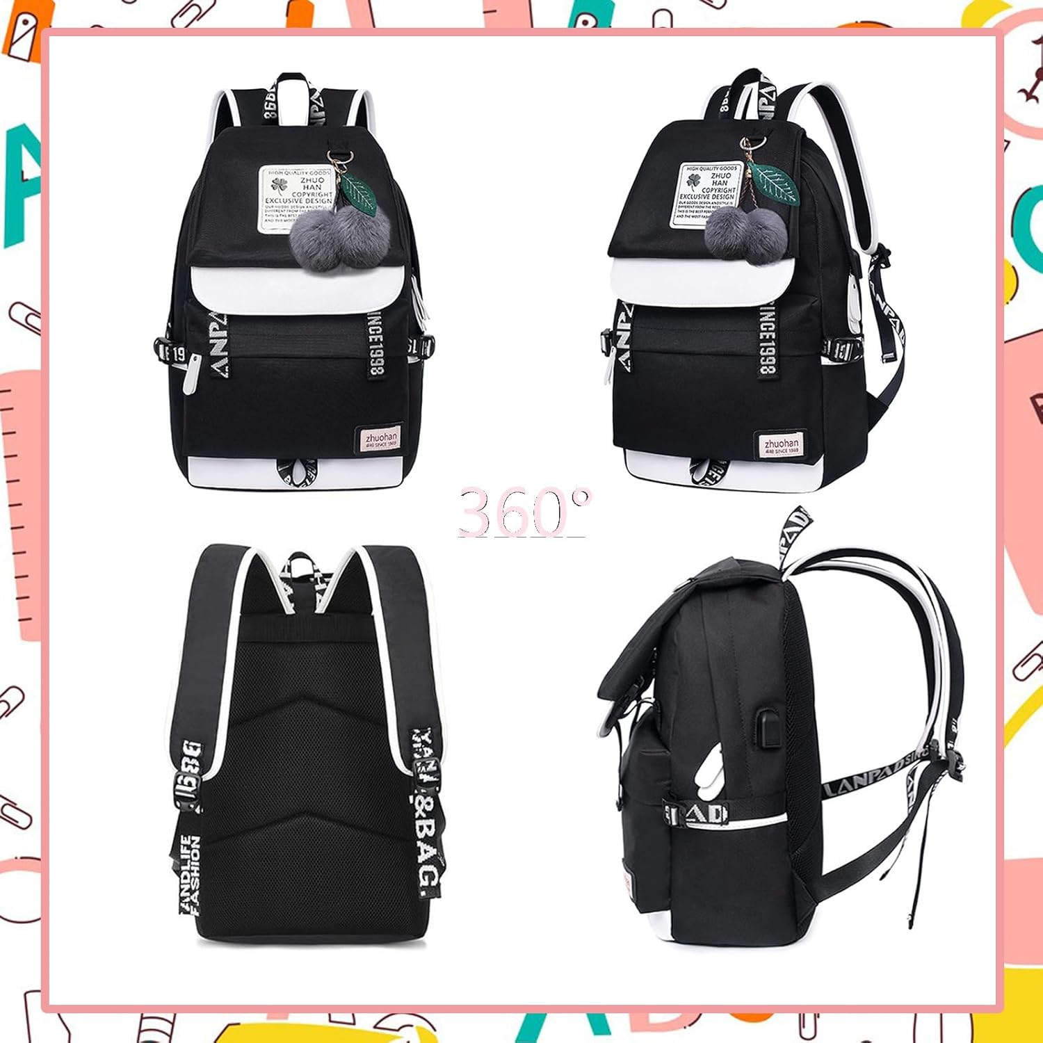Lmeison Backpack for Girls Schoolbag for Kids Children Bookbag Casual Daypack for Women - Black-01 image number 3