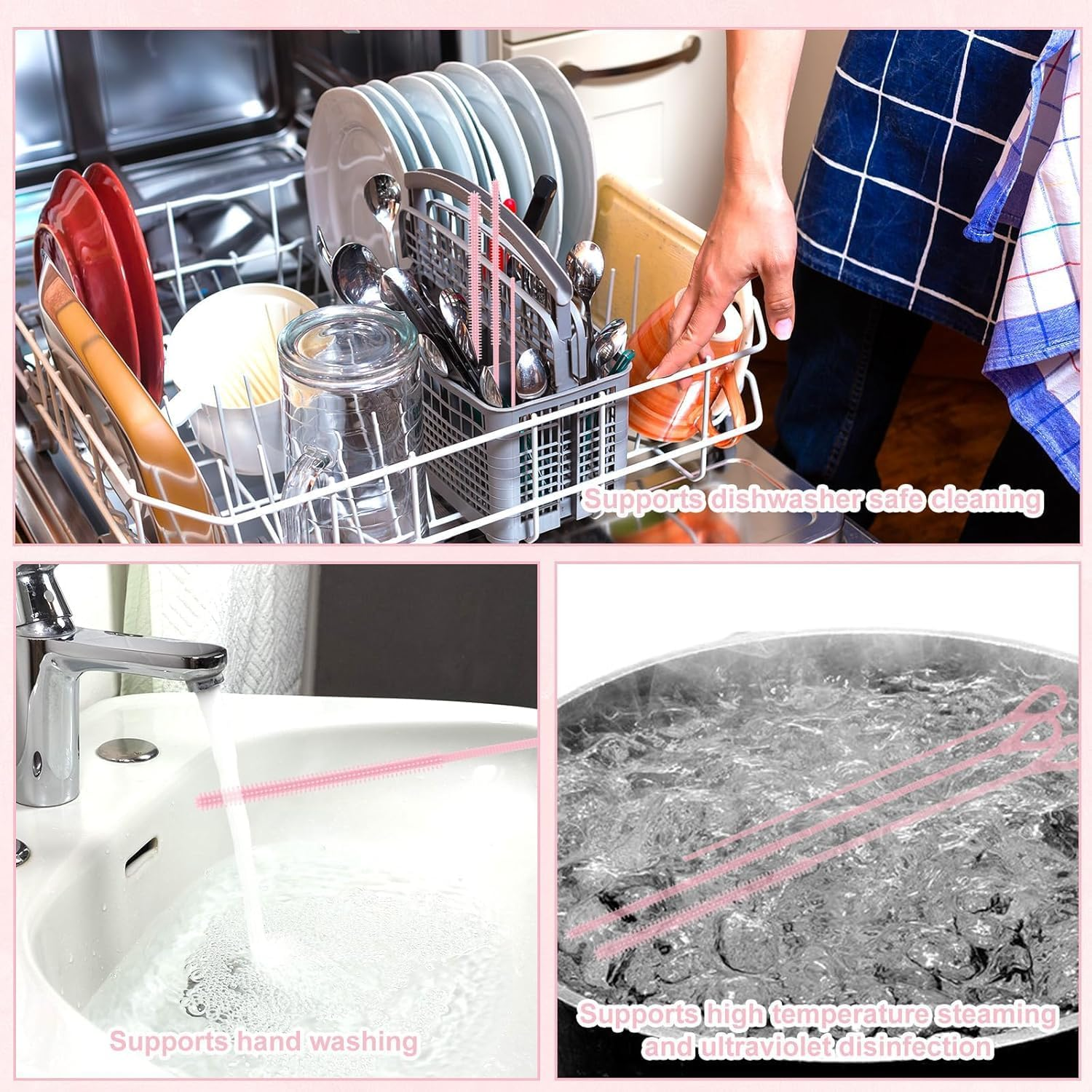 Silicone Straw Cleaner Brush Set - 3 PCS Extra Long Reusable Straw Brushes for Glass, Metal & Smoothie Straws - Food Grade Bpa-Free with Non-Slip Handle (3Mm+6Mm+9Mm, Pink)