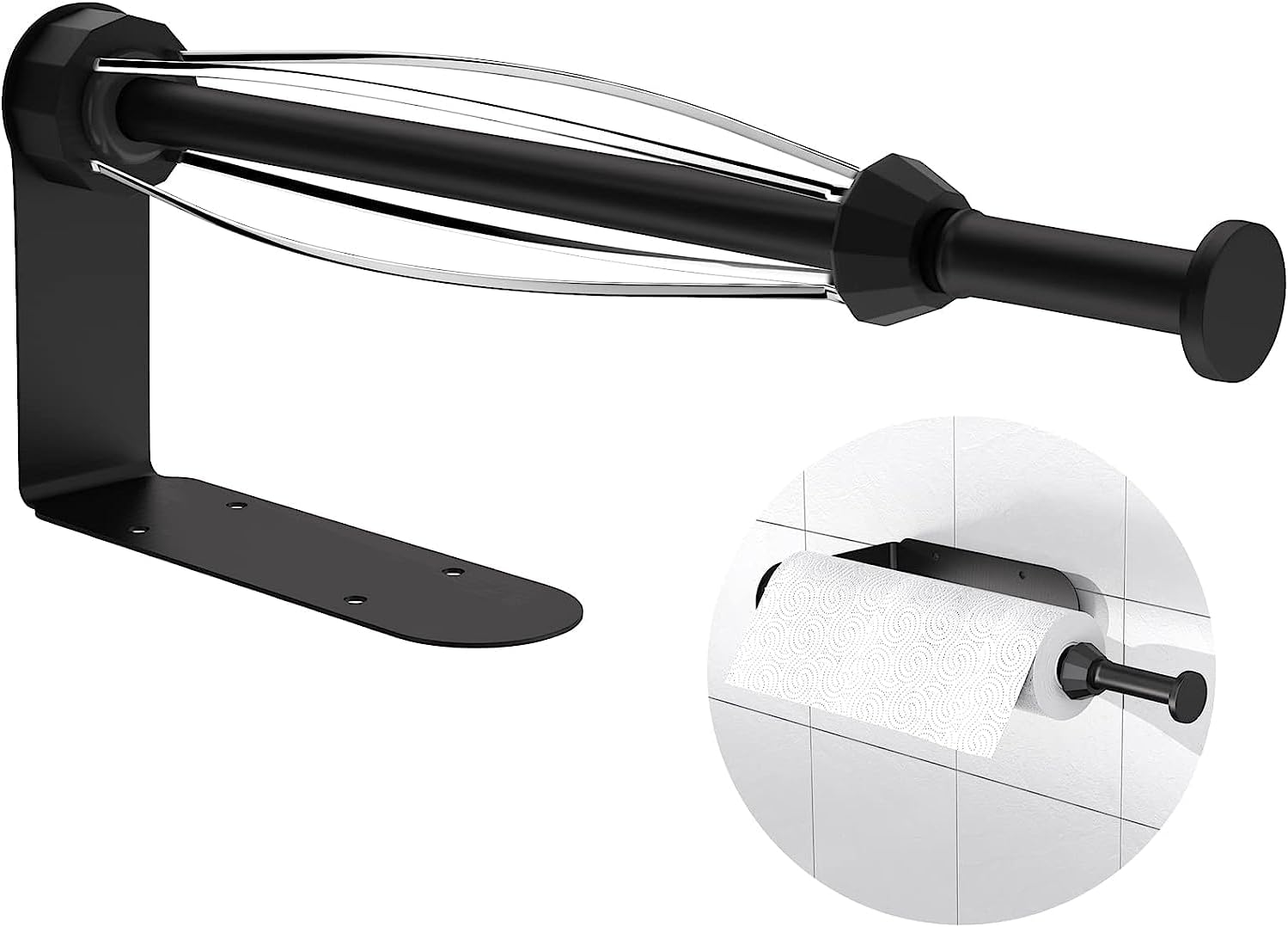 Paper Towel Holder, under Cabinet Paper Roll Holder, Self-Adhesive Kitchen Paper Towel Rack for Kitchen, Bath, Cabinet, Toilet, Paper Rack Metal Roll Paper Rack Hanging (Black)