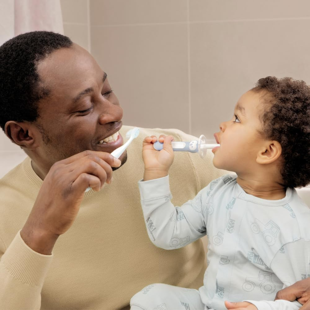 Mam Learn to Brush Kids Long Handle Toothbrush Set, 5 Months, Light Blue image number 2