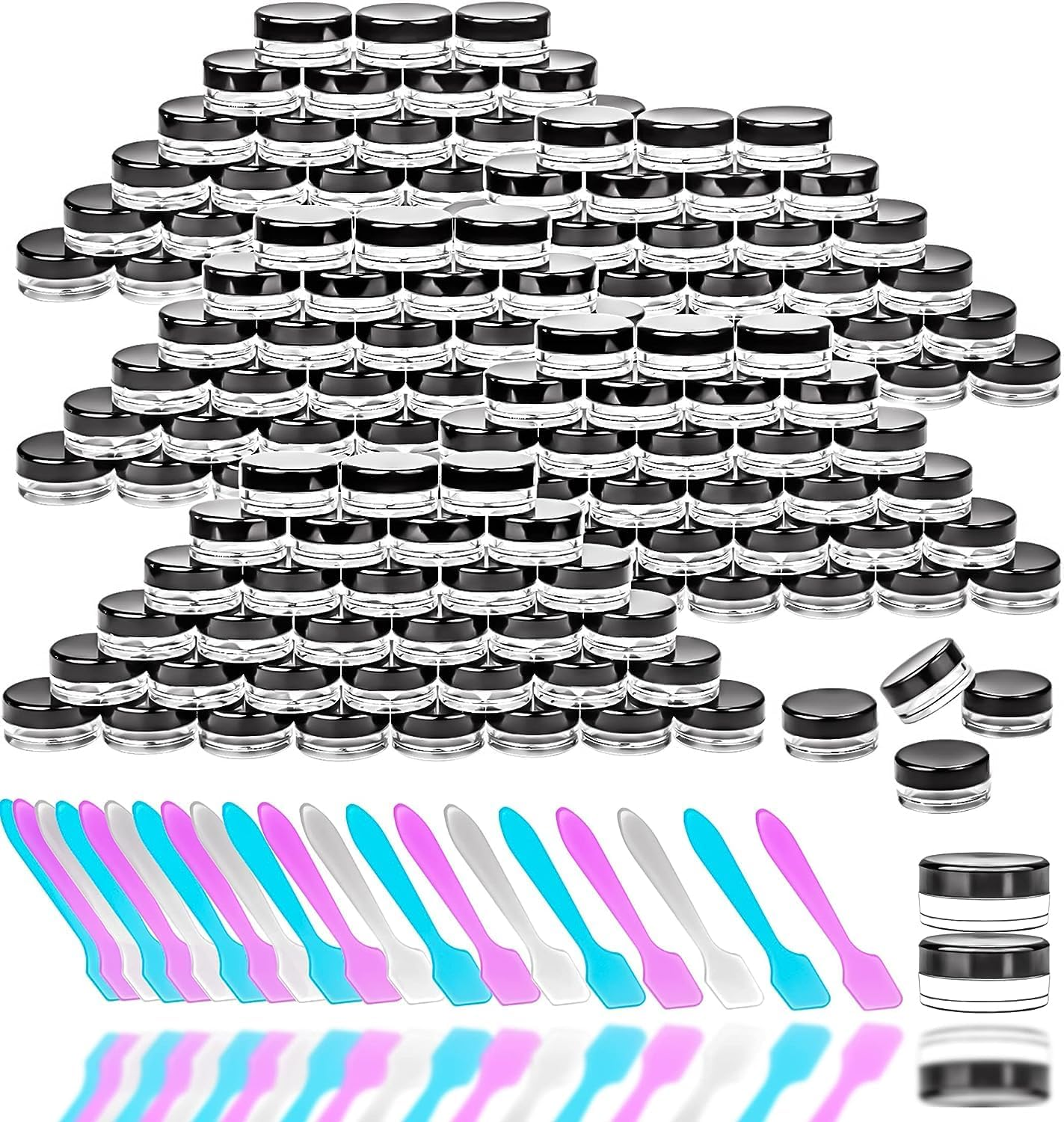 LH 100 Pcs 3G Empty Plastic Containers with Lids,Tiny Makeup Sample Containers Small Pot Jars Clear round Cosmetic Jars with 20 Pcs Mini Spatulas for Liquid Sample Powder Creams (Black Lid) image number 6