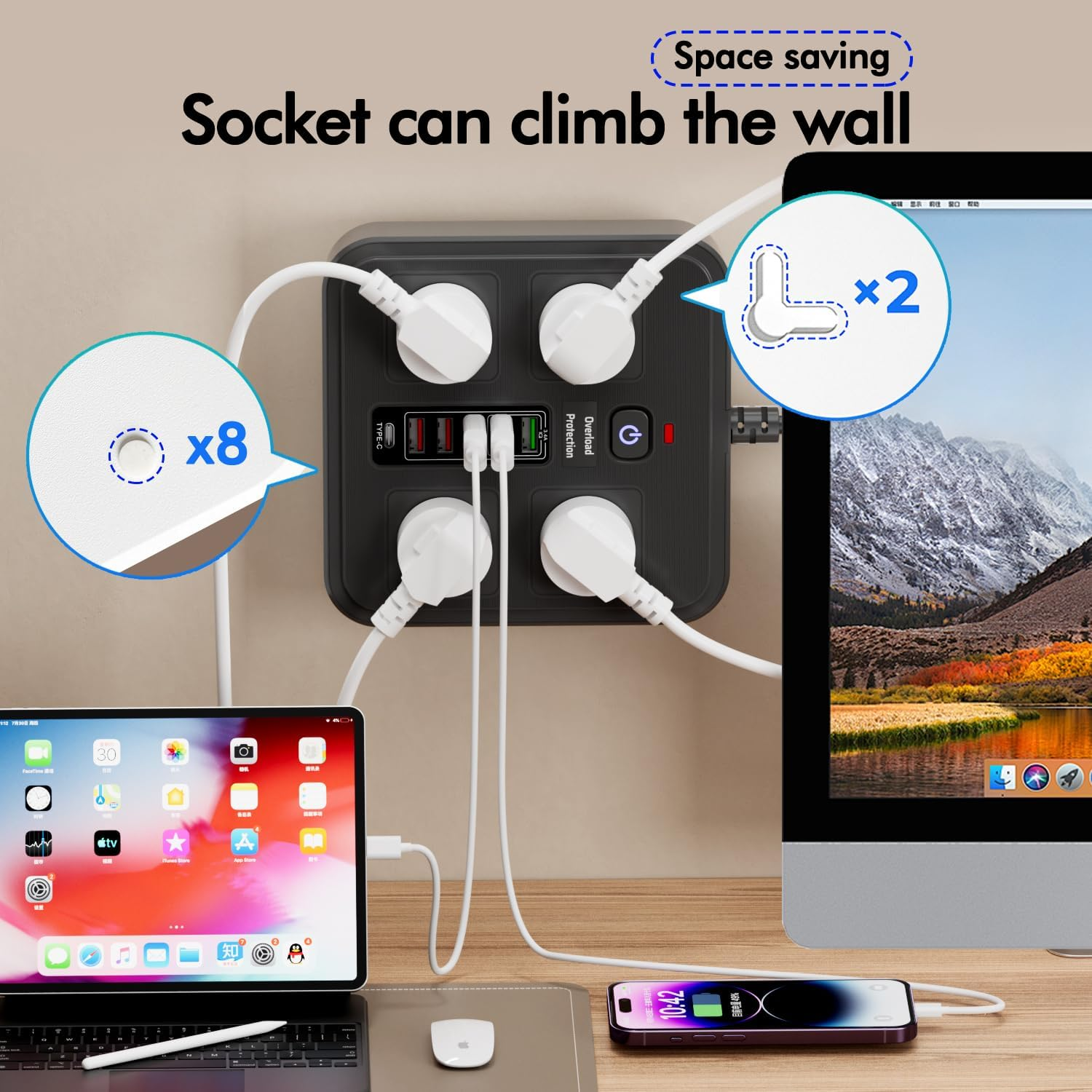 Lvpradior 10-In-1 Power Board with 4 AC Outlets & 6 USB Ports (5 USB-A + 1 USB-C) &ndash; 2500W Surge Protector, 1.8M Extension Cord, Wall Mountable for Home Office, Kitchen & Gaming(Black)