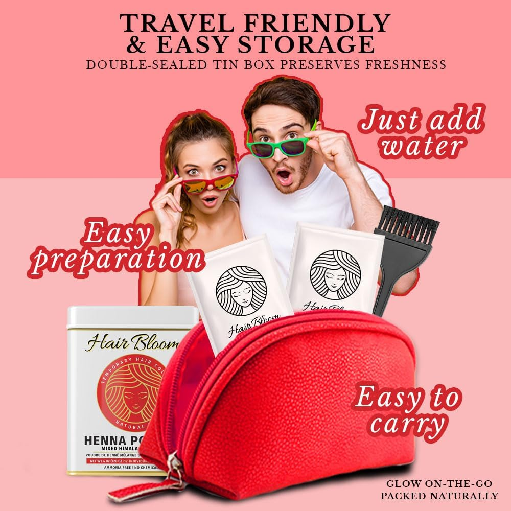 Hair Bloom Natural Red Hair Color- Henna W/Mixed Himalayan Herbs Hair Color Powder- 12 Individual Sachets (10 Gm Each)- Reusable Brush & Tray Included- Shiny & Smooth by Pride of India