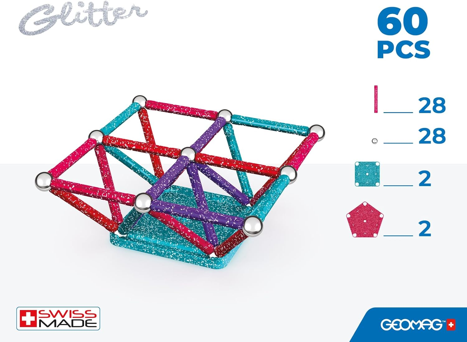 Geomag, Recycled Glitter, Magnetic Constructions with Glitter Effect, Colorful and Glittery Magnetic Bars, 60-Piece Pack, 100% Recycled Plastic, White image number 4