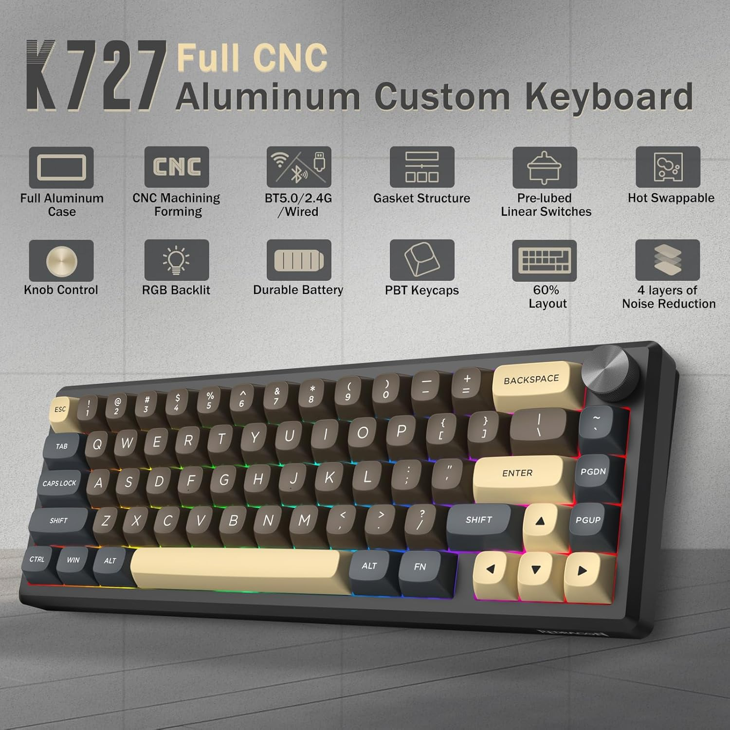 Redragon 60% Wireless Mechanical Gaming Keyboard, Full Aluminum Shell, Bluetooth/2.4Ghz/Usb-C, Creamy Sound, RGB Light, Metal Knob, Hot Swappable Pre-Lubed Linear Switches, Gasket Structure image number 1