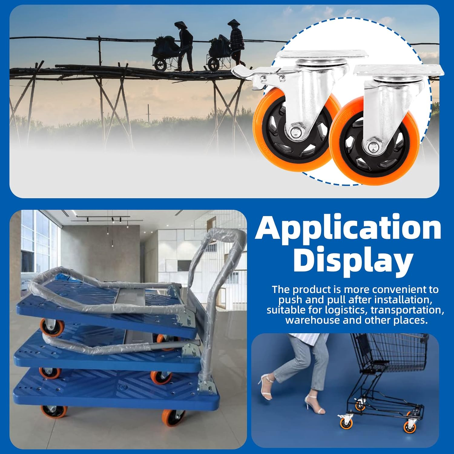 Glarks 53Pcs 3/2 Inch Heavy Duty Casters, Lockable Bearing Caster Wheels Safety Dual Locking Casters with Brake, Swivel Casters Polyurethane No Noise Wheels for Furniture and Workbench image number 5