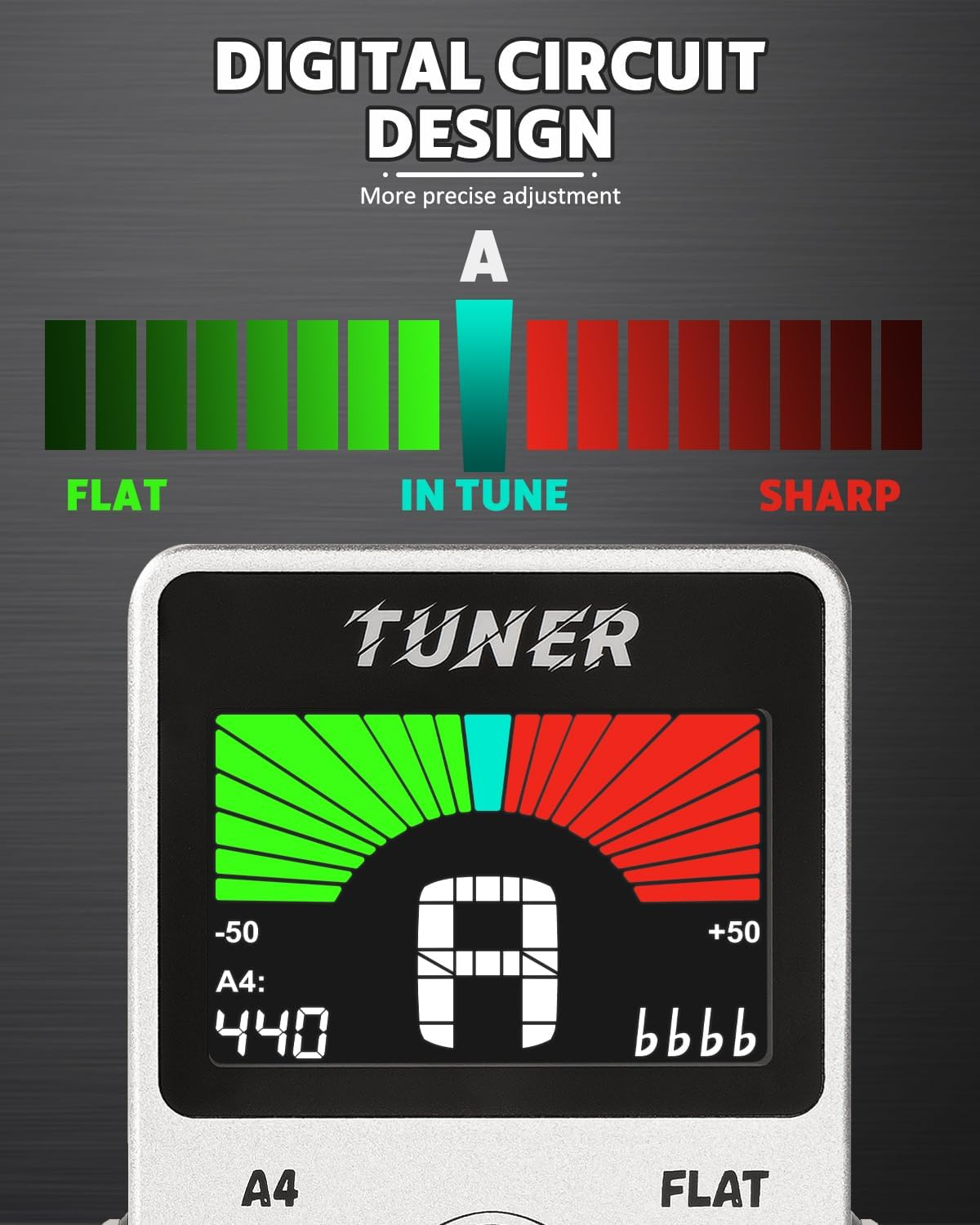 STRICH Guitar Tuner Pedal with Large Color Screen, Precision Chromatic Tuning, 430-450Hz A4, True Bypass for Electric Guitar and Bass, Silver - Silver Tuner image number 4