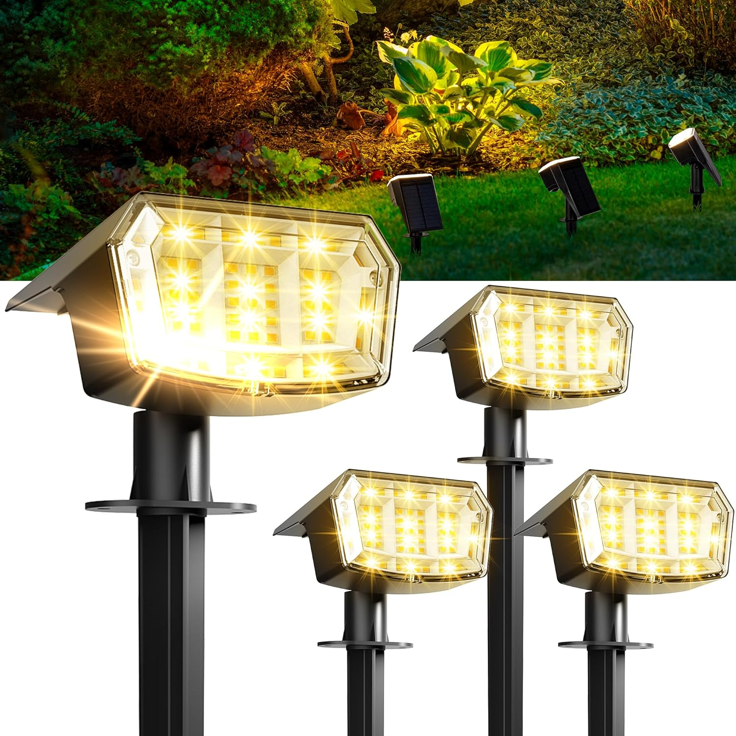 Solar Spot Lights Outdoor Waterproof 4 Pack IP65, 63 LED 3 Lighting Modes Spotlights for Yard House Garden Garage Pathway