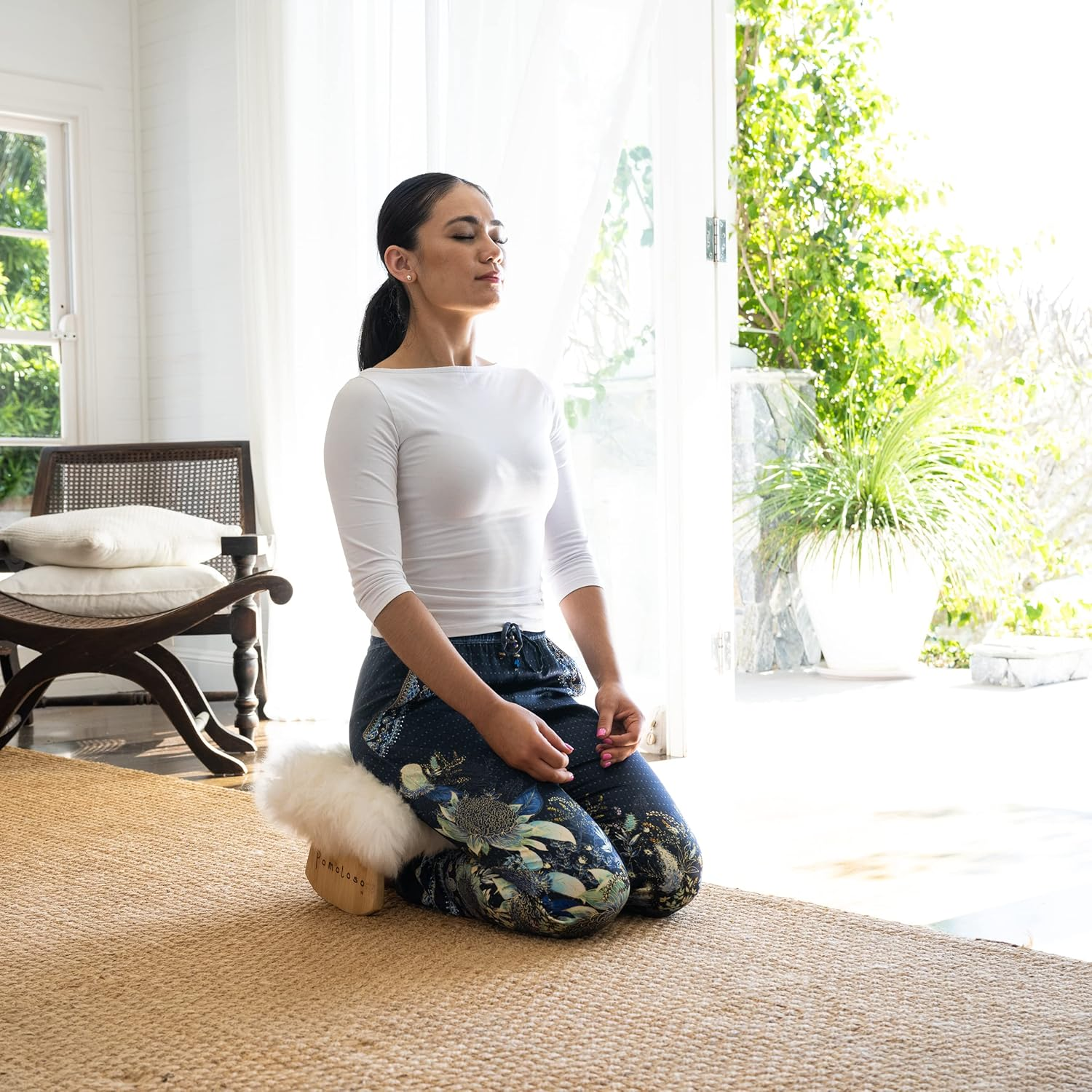 Meditation Bench Luxury Genuine Sheepskin Seat Cover Meditate Deeper & Longer in Pure Comfort - Mindful Prayer Kneeler - Unique Ergonomic Design Supports Back and Knees to Bring Health & Wellbeing image number 4