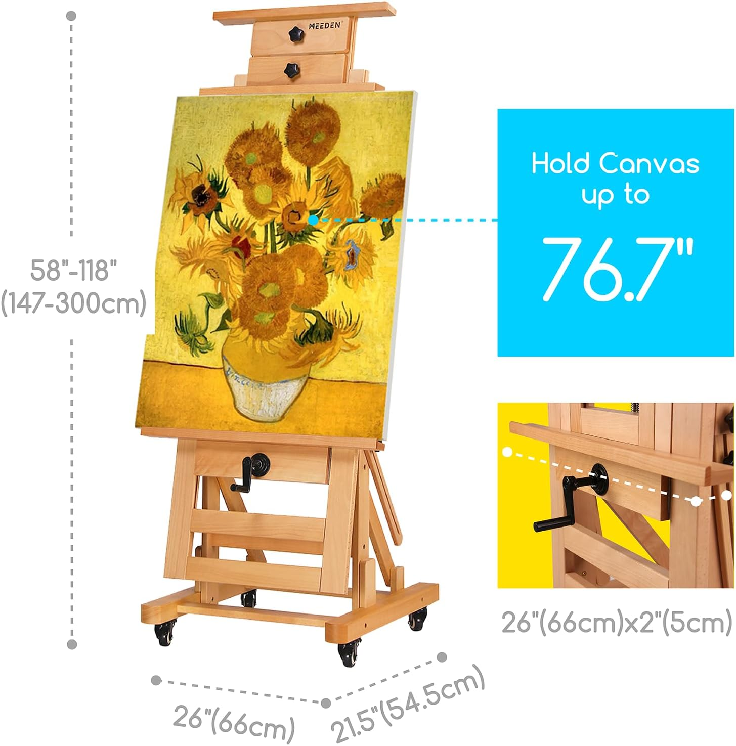 MEEDEN Deluxe Large Rocker Crank Studio Easel,Heavy Duty Artist Painting Easel,Solid Beech Wood with Adjustable Height,Movable and Tilting Flat H-Frame Easel,Holds Art Canvas up to 76.7" image number 5