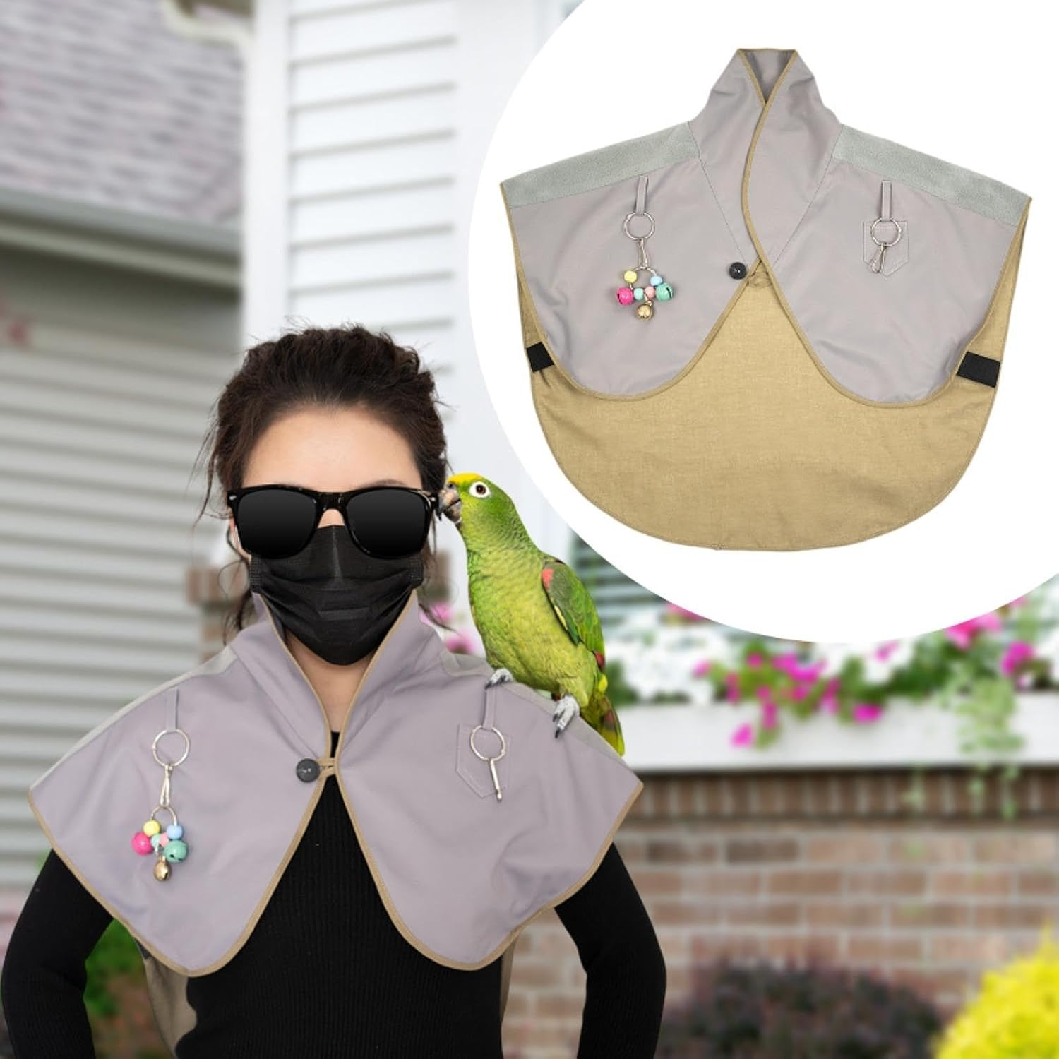 Weilaikeqi Parrot anti Scratch Shoulder Protector Cape with Hang Bird Anklet and Bells for Parakeets, Lovebirds, Small Medium Parrots, Gray image number 5