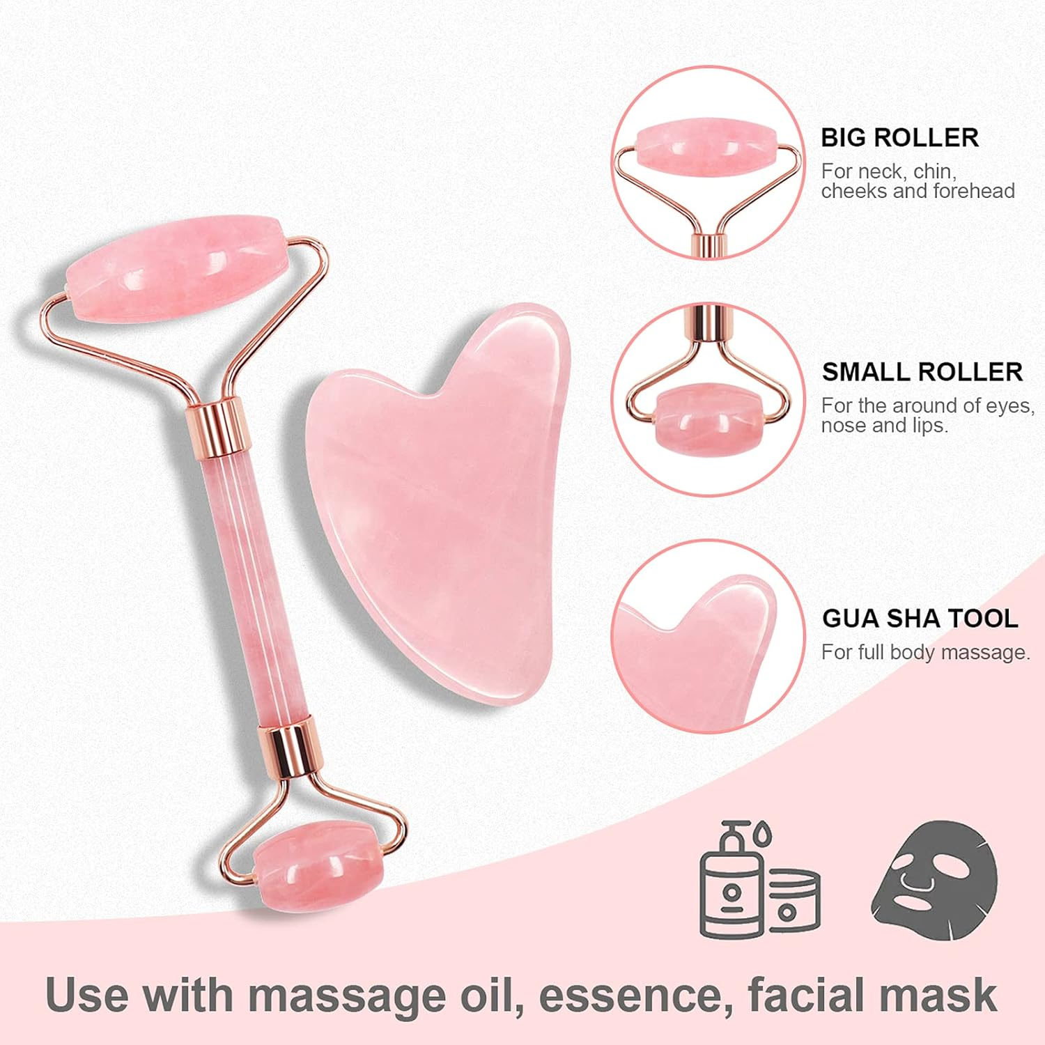 ZUKIMM Rose Quartz Face Roller, Gua Sha Facial Tools, Natural Beauty Skin Care and Sculpting Set, Facial Maasage to Reduce Puffiness and Improve Wrinkles for Neck & Eyes - Pink image number 4
