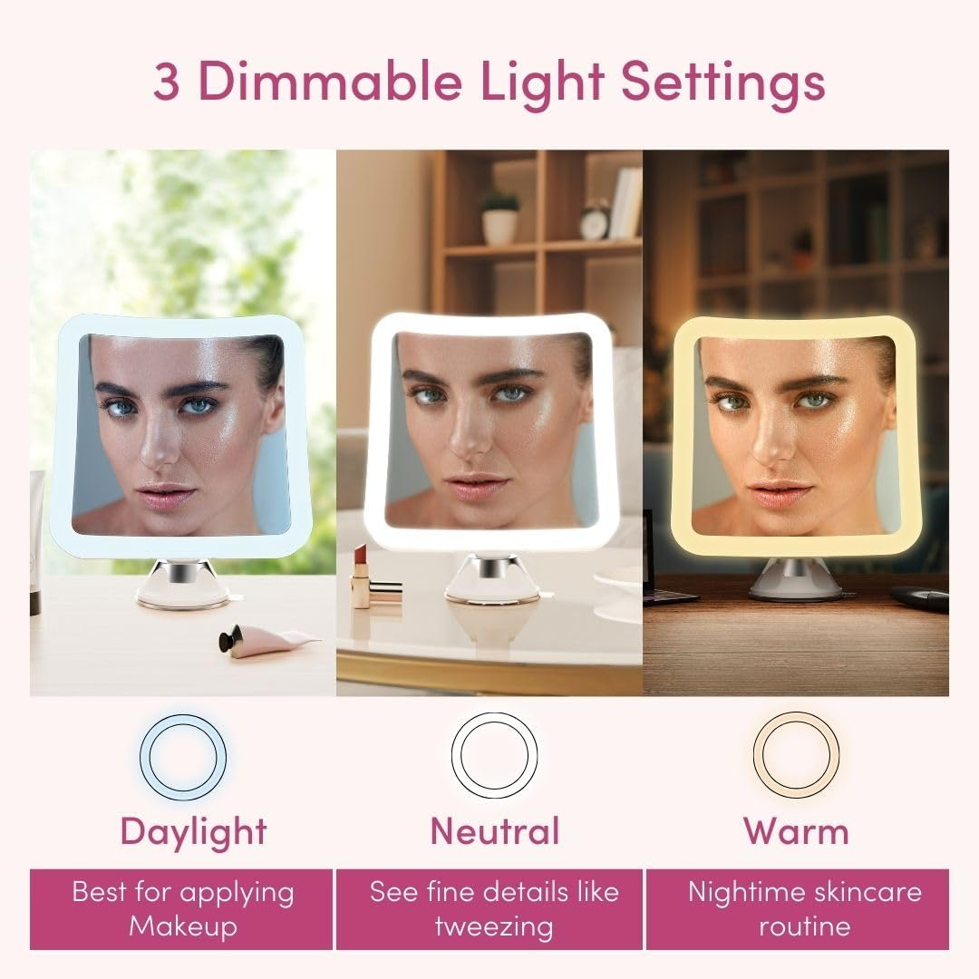 Fancii 20X Magnifying Makeup Mirror with LED Lights, Rechargeable, High Zoom | 7-Inch Large Lighted Travel Mirror for Vanity and Bathroom, Dimmable, 3 Light Settings, Strong Suction, 360&deg; Rotation image number 1
