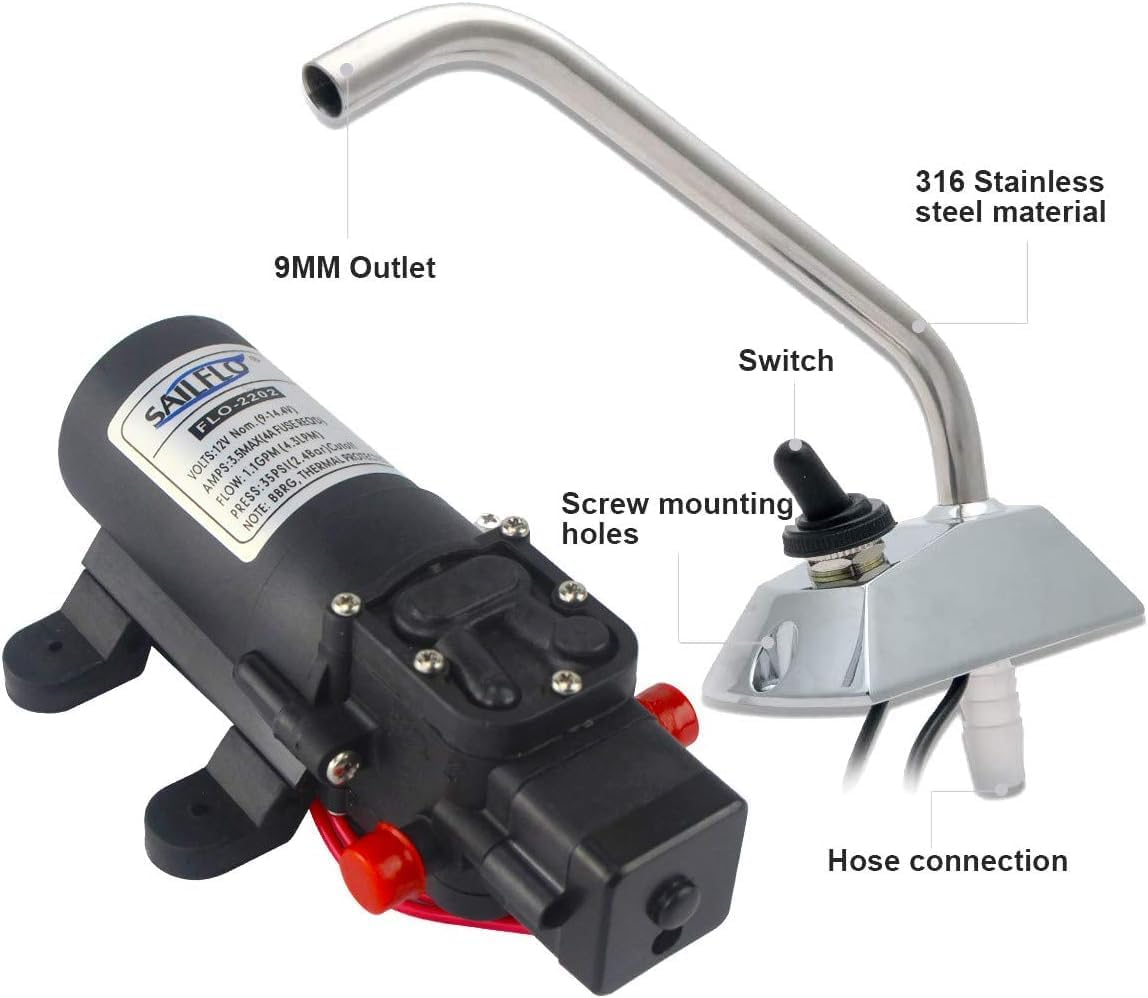 12V Water Pressure Pump 4.3 L/Min 1.1 GPM 35 PSI - RV Marine Boat with 360&deg;Spin Faucet image number 3