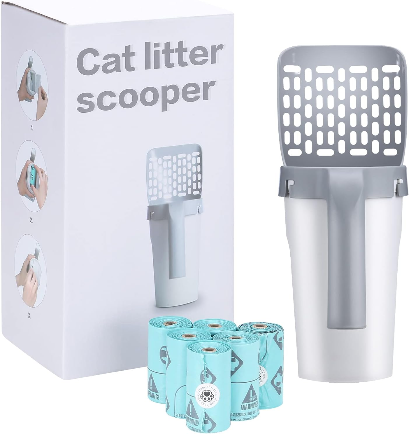 PETIZER Premium Cat Litter Scooper Set - Integrated Waste Bin, 90 Refills, Portable with Holder & Easy Storage Caddy image number 4