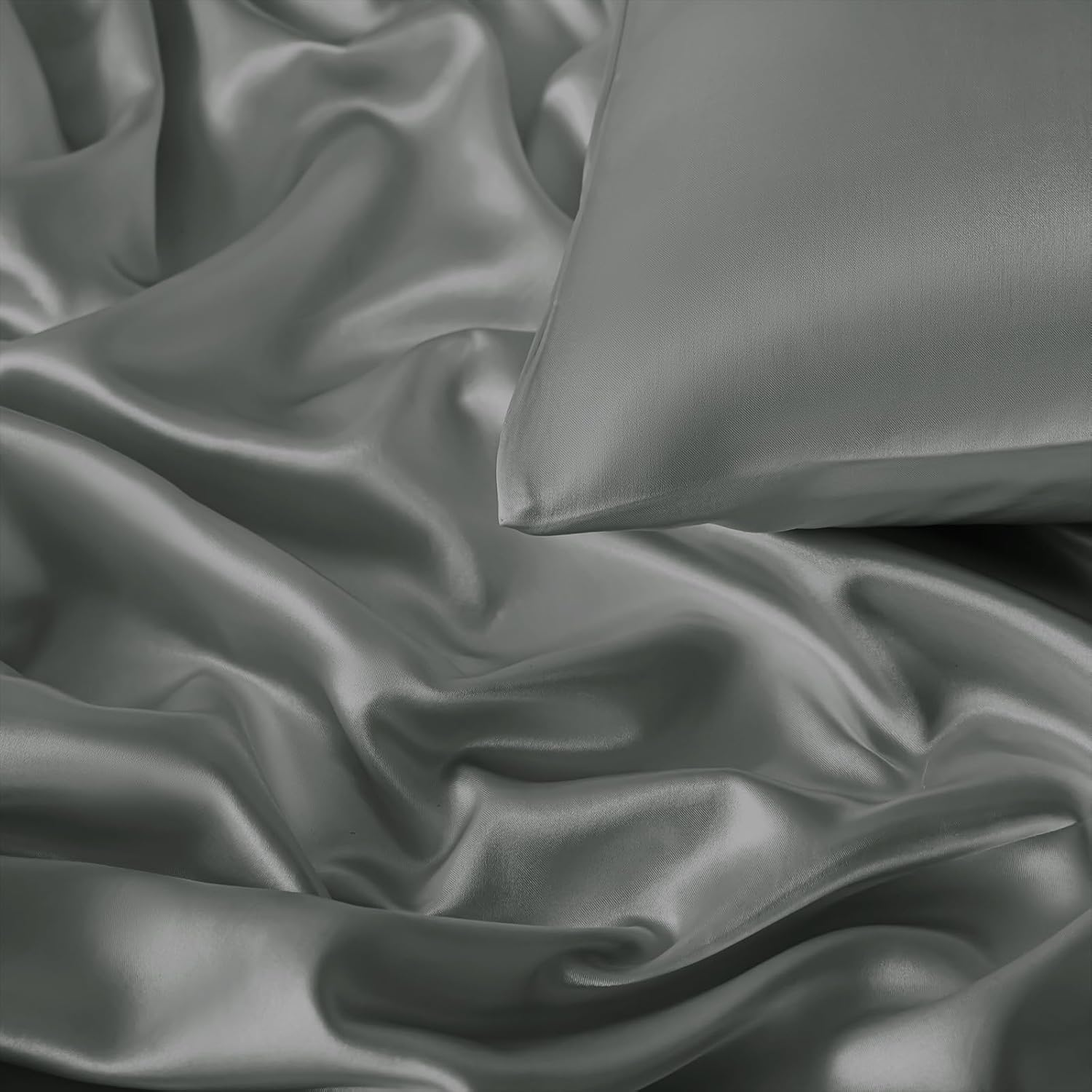 VACVELT 3-Piece Satin Fitted Sheet Set King Size, Grey Bottom Bed Sheet with 2 Pillowcases, Similar to Silk Sheets, Luxury & Silky Bedding Set, 15 Inch Deep Pocket image number 2