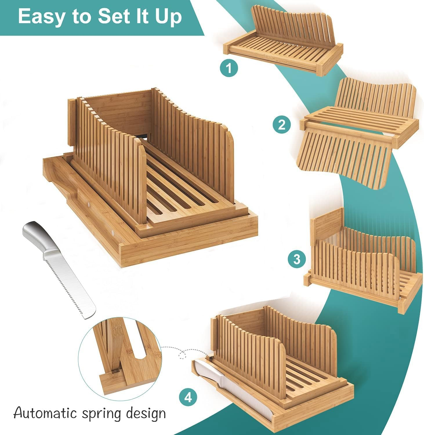 Dxzephious Bread Slicer for Homemade Bread,Cakes, Bagels- Bamboo Bread Slicer with Serrated Knife, Adjustable Guide for 3 Thickness Sizes, Foldable Chopping Board with Crumb Tray& Knife image number 1