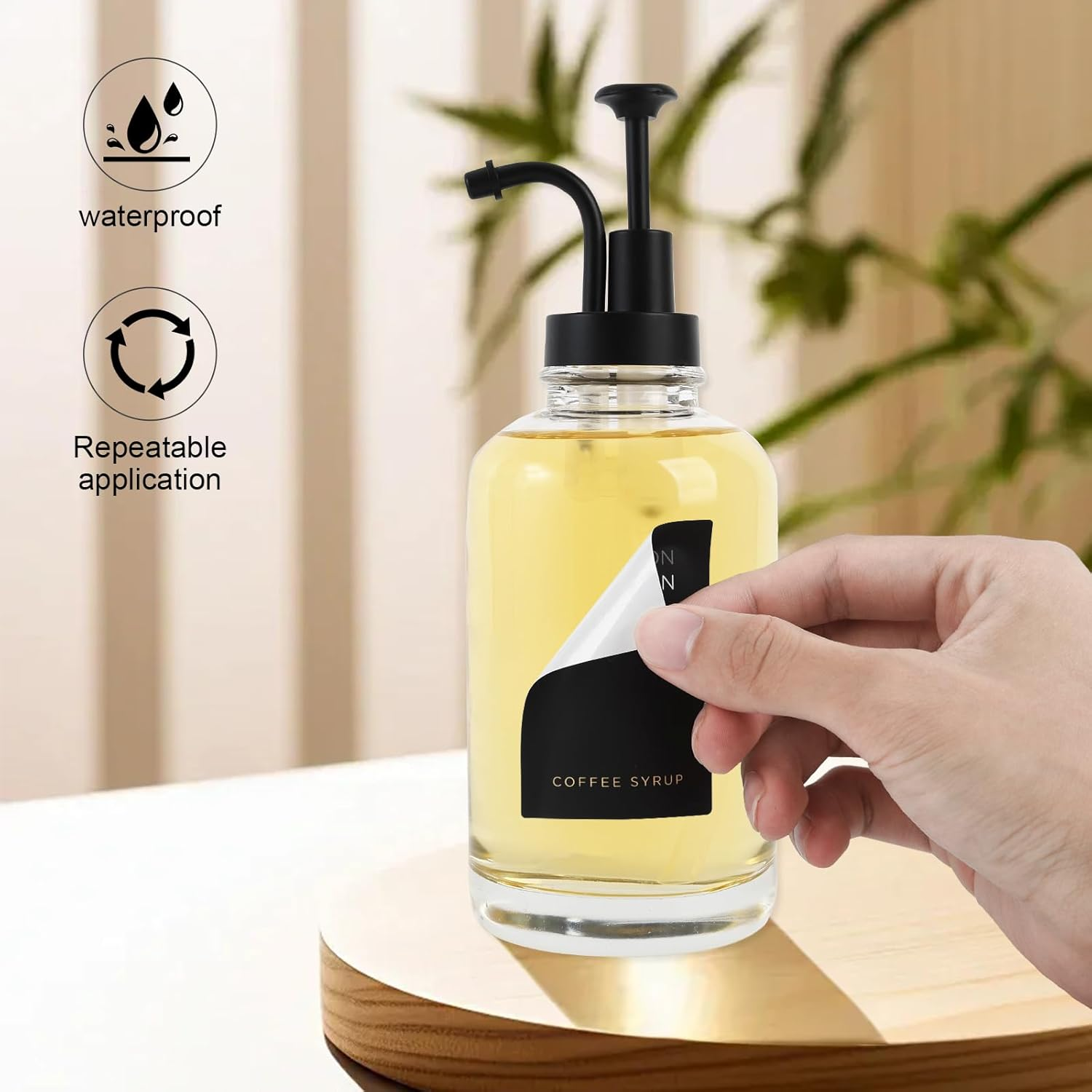 Joyfulmap 2 Coffee Syrup Dispenser with 18 Labels, Black Pump Dispenser with Bottles for Coffee Bar, Minimalist Glass Coffee Bottle, Simple Maple/Coffee Syrup Bottles W. Black Labels,16.9 Oz 500 Ml image number 2