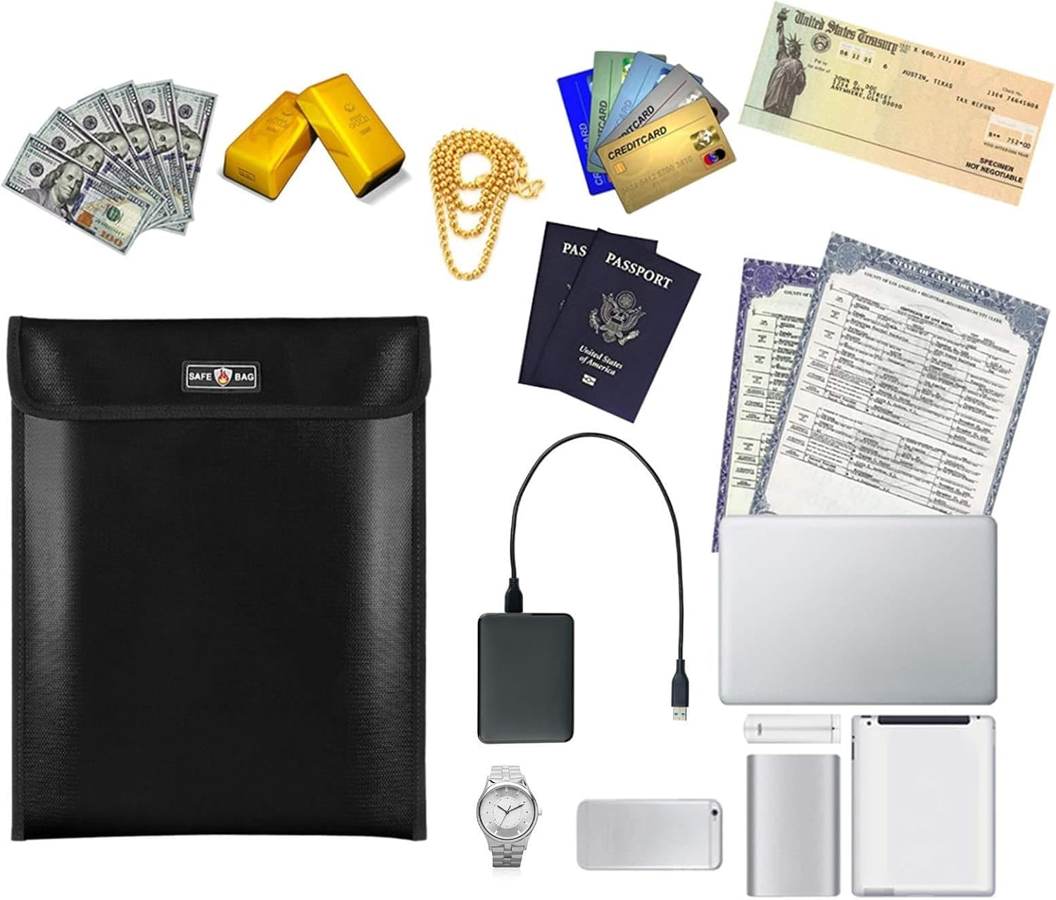 Fireproof Document Bag 13.4 10.8In Durable Safe Storage Pouch for Cash File Documents Jewelry Passport Valuables Black Silver Home Office Use (Black)