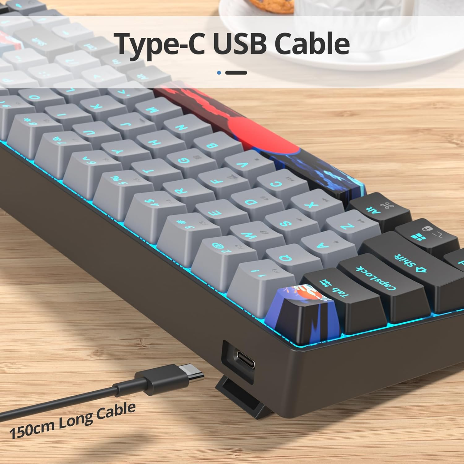 65% Mechanical Gaming Keyboard,Wired Compact 65 Percent Keyboard Ice Blue LED Backlit Red Switches PBT Keycaps for Win/Mac PC Gamers&Typists(Dolch) - 68 Dark image number 2