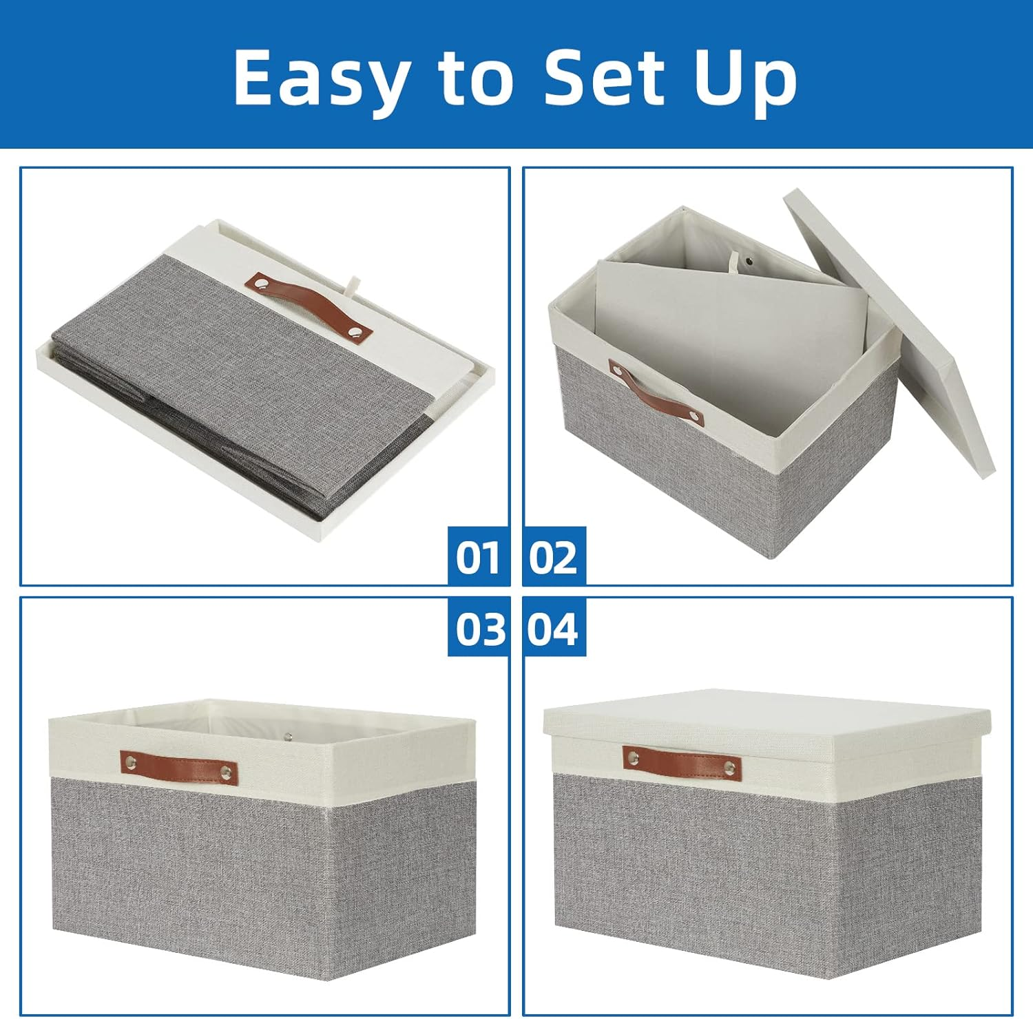 Temary Collapsible Storage Bins Storage Boxes with Lid, 2 Pack Storage Baskets with Lid Decorative Storage Clothes, Toys, Organizer Bins with Handles (White&Gray, 15X11X9.5Inch) image number 5