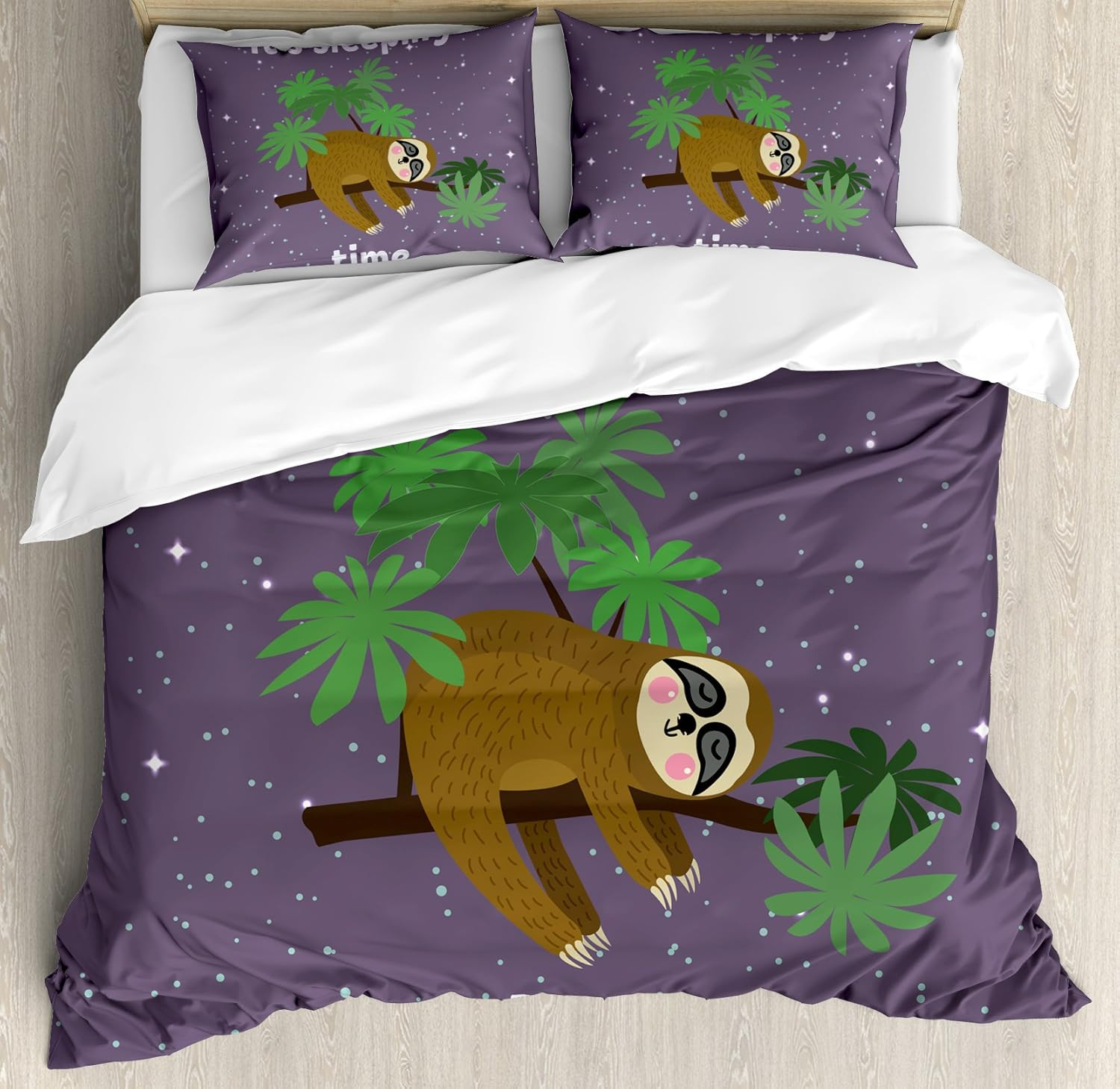 Ambesonne Sloth Duvet Cover Set, Cartoon Character Sleeping on Branch Jungle Animal in Night Sky Kids Theme, Decorative 3 Piece Bedding Set with 2 Pillow Shams, Queen Size, Plum Brown
