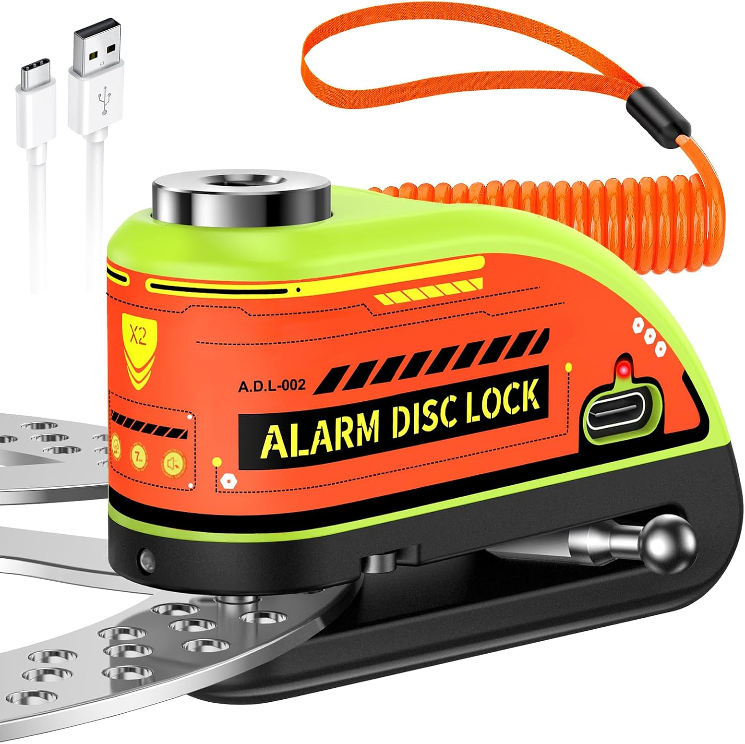 ZEXMTE Alarm Disc Lock Rechargeable Motorcycle Disc Brake Lock Alarm 120Db with 1.8M Reminder Cable Reinforced Waterproof High Security Disc Brake Lock for Motorcycle, Bike, Scooter, E-Bike, Red