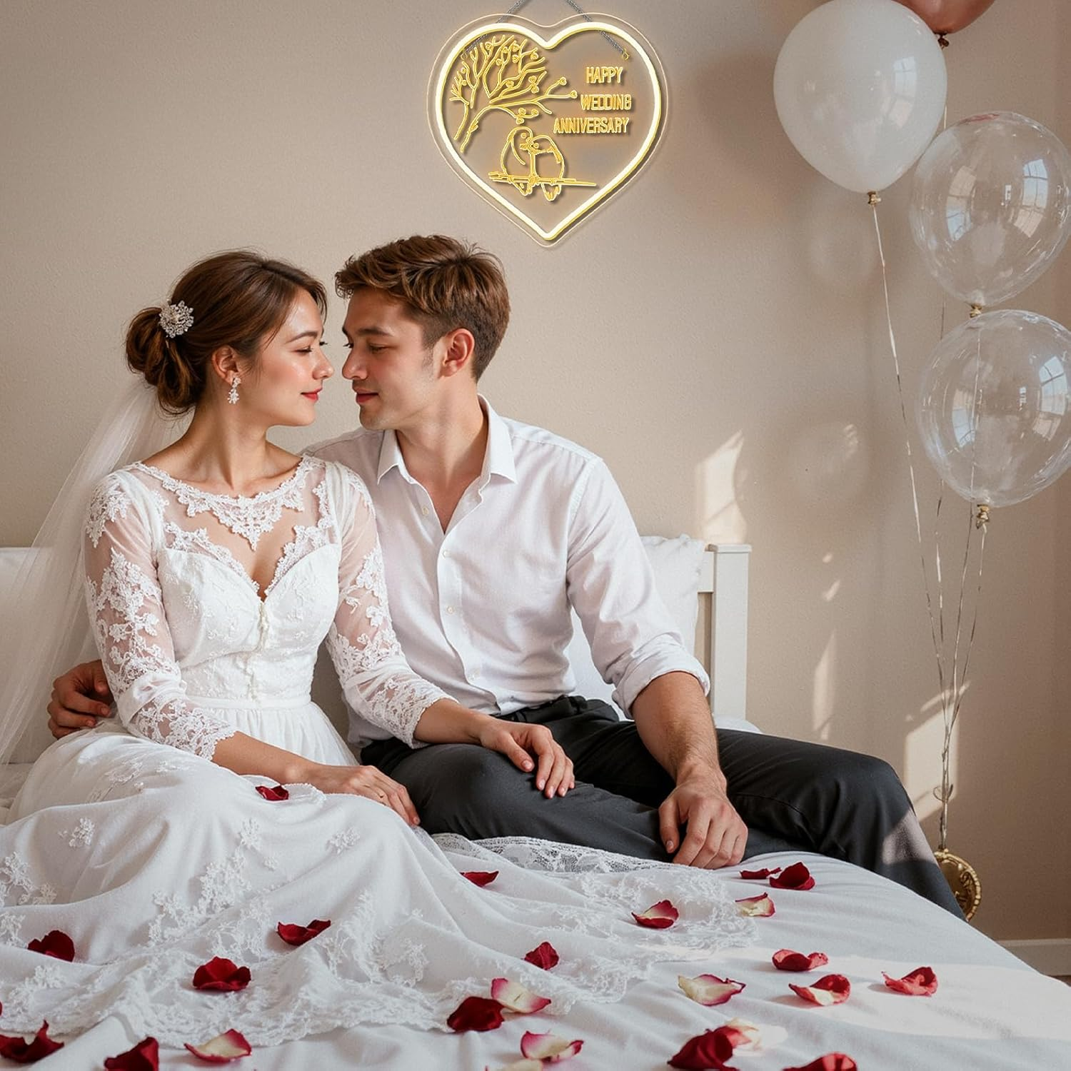 SIGNSHIP Happy Wedding Anniversary Neon Sign Wedding Anniversary LED Sign Dimmable Love Bird LED Lettering Heart Shape Light Signs Decor for Anniversary, Party, Candle Light Dinner, Photo Requist - Happy Wedding Anniversary image number 6