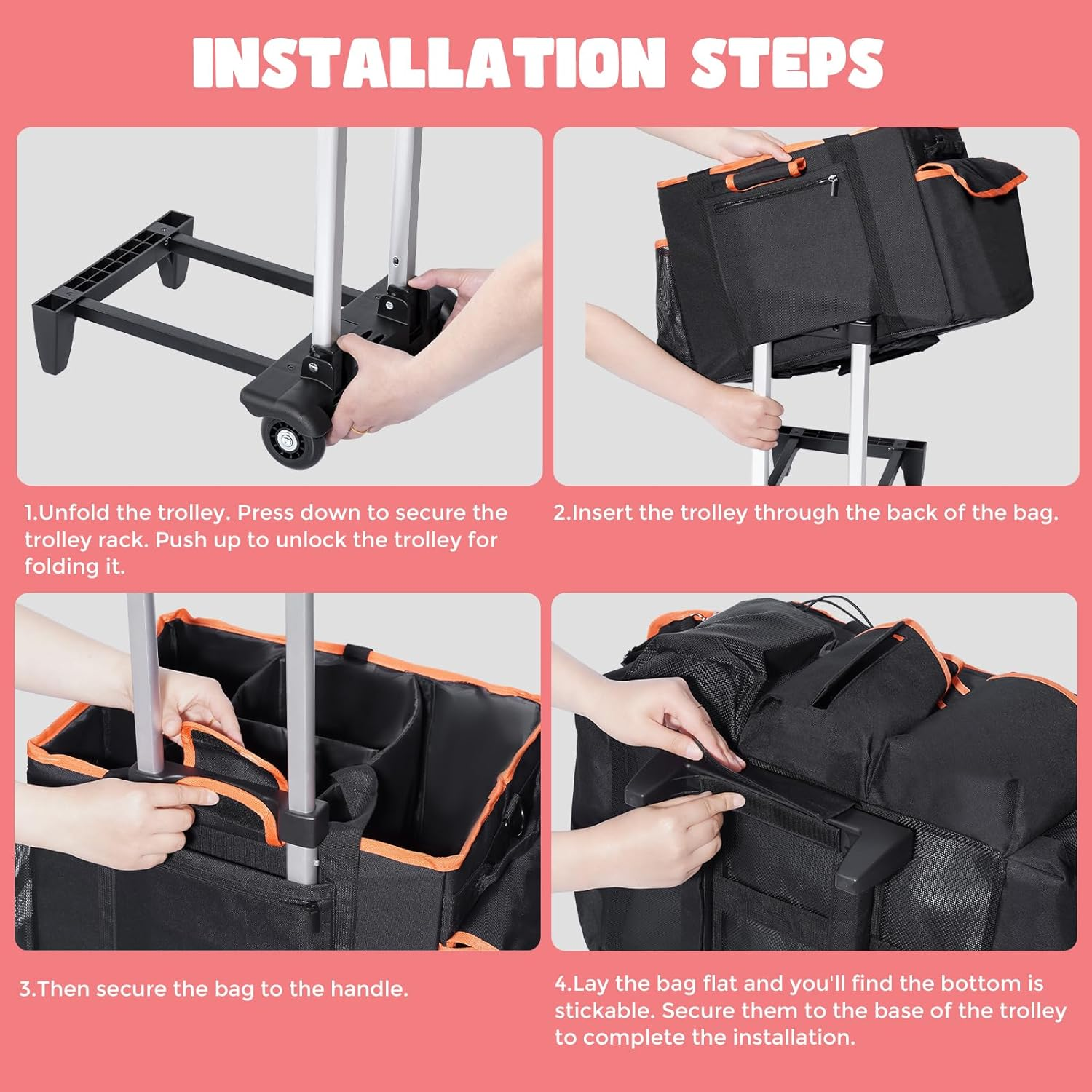 Procase Cleaning Caddy with Wheels for Housekeepers, Professional Portable Rolling Cleaning Supplies Large Clean Cart Bag with Detachable Trolley Handle and Shoulder Strap -Blackorange image number 3