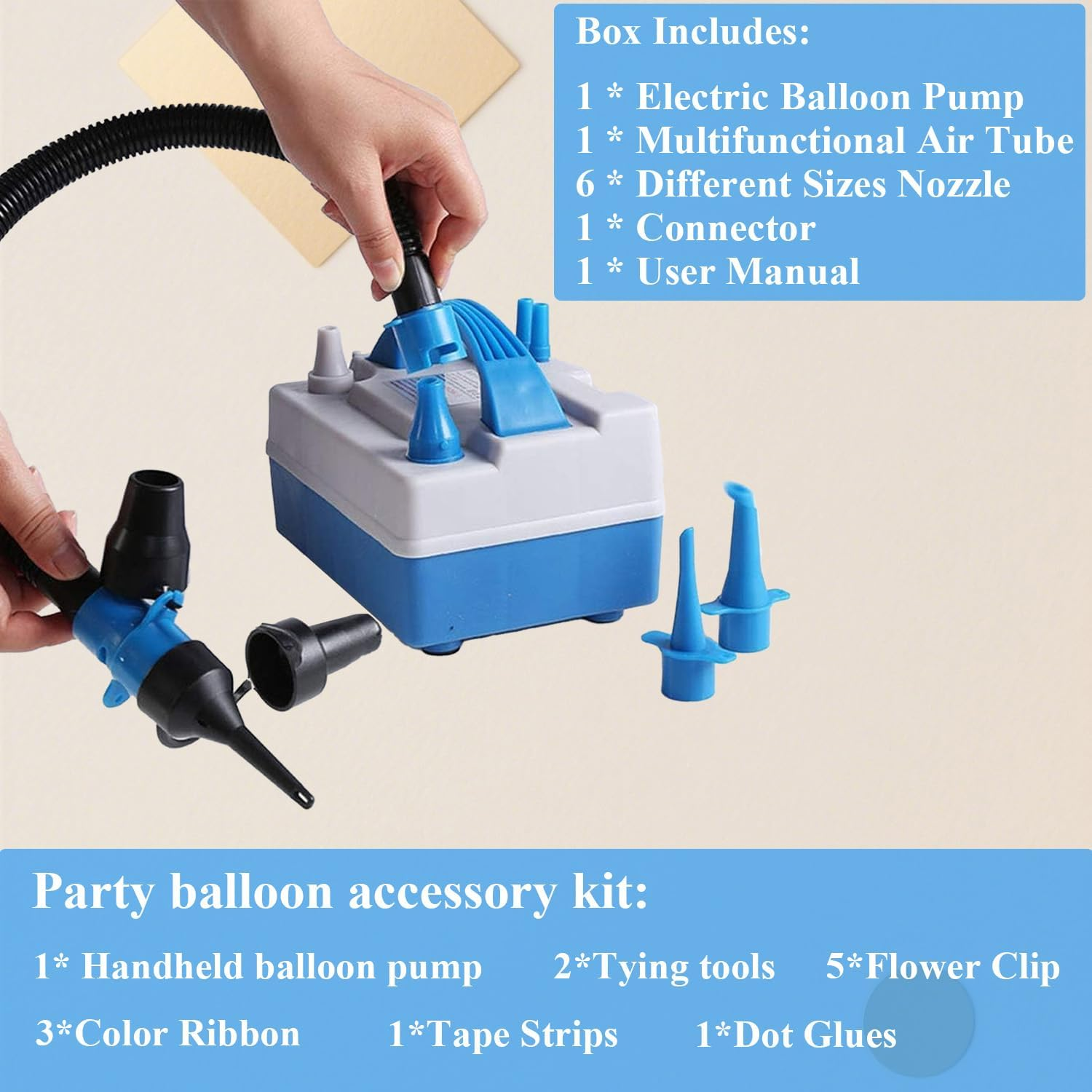 NOAEOU Electric Air Pump, Portable Dual Nozzle Balloon Inflator with Purpose Hose Extension,Multi-Functional Electric Pump for Air Mattresses, Inflatable Toys,Compression Bags, Balloons image number 1