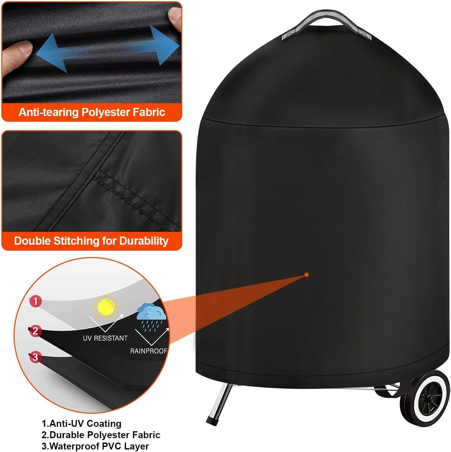 Grill Cover for Weber Barbecue with Handle, Kettle BBQ Cover for Weber 70 CM, Heavy Duty & Waterproof PU Covers for Touch Charcoal Grill, Original Kettle Grill image number 6