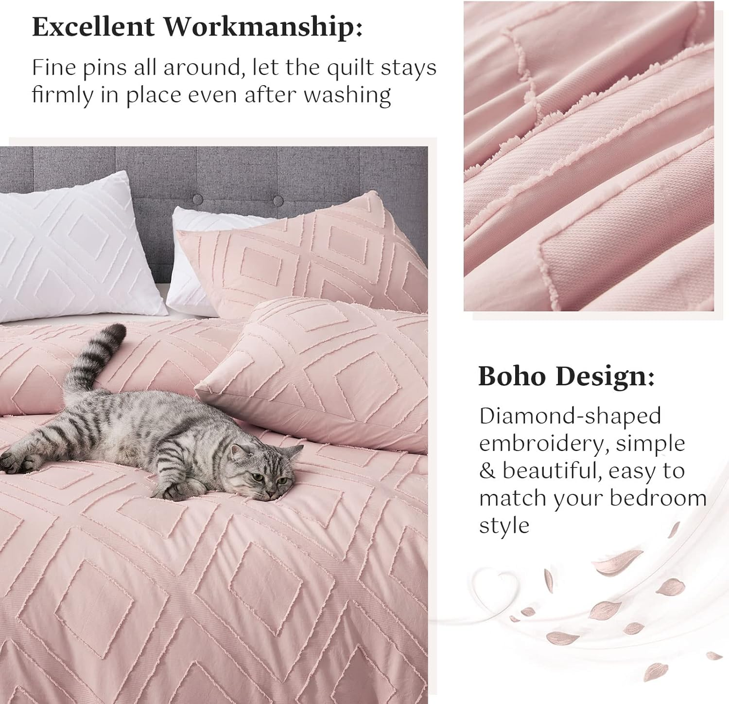 Boho Queen Comforter Set,Blush Pink Rhombus Tufted Queen Size Comforter Set with Corner Loops,3 Pieces Embroidery Shabby Chic Bedding Comforter Sets for All Seasons(Blush Pink,Queen) image number 3