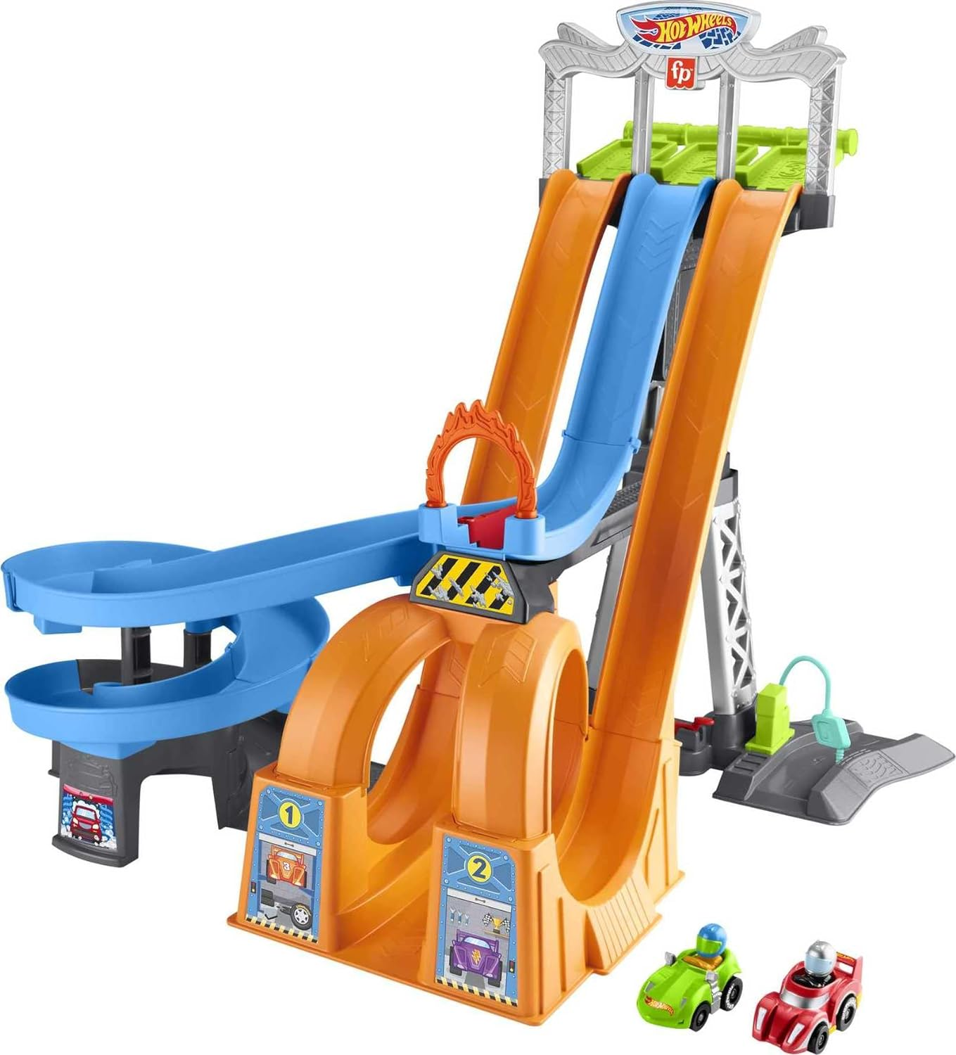 Fisher-Price Little People Toddler Playset, Hot Wheels Racing Loops Tower, Spiral Racetrack with Stunt Ramp and Sounds image number 3