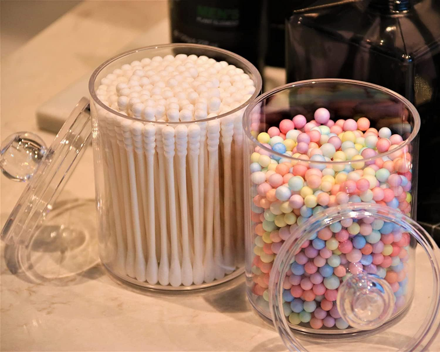 3Pcs Clear Jar Organizer,Cotton Swab, Cotton round Pads, Floss Picks - 10 Oz Clear Plastic Apothecary Jar Set for Bathroom Canister Storage Organization, Vanity Makeup Organizer image number 6