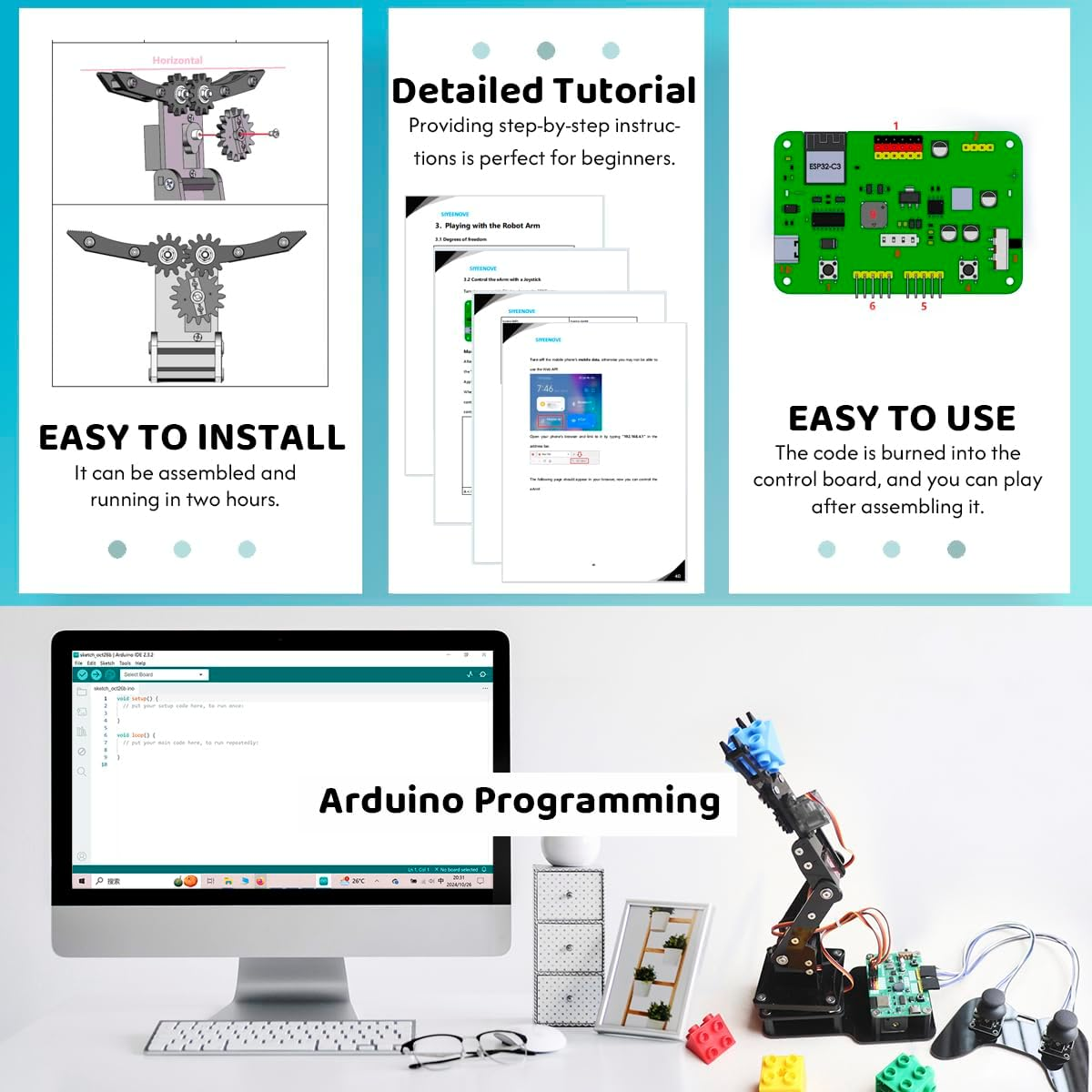 SIYEENOVE Robot Arm for Arduino ESP32-C3 DIY Arm Robotic Kit with Joystick and Web App Control for Children Ages 12+ and Adults, Portable 4DF Educational Desktop Mini Arm with Easy to Assemble Design