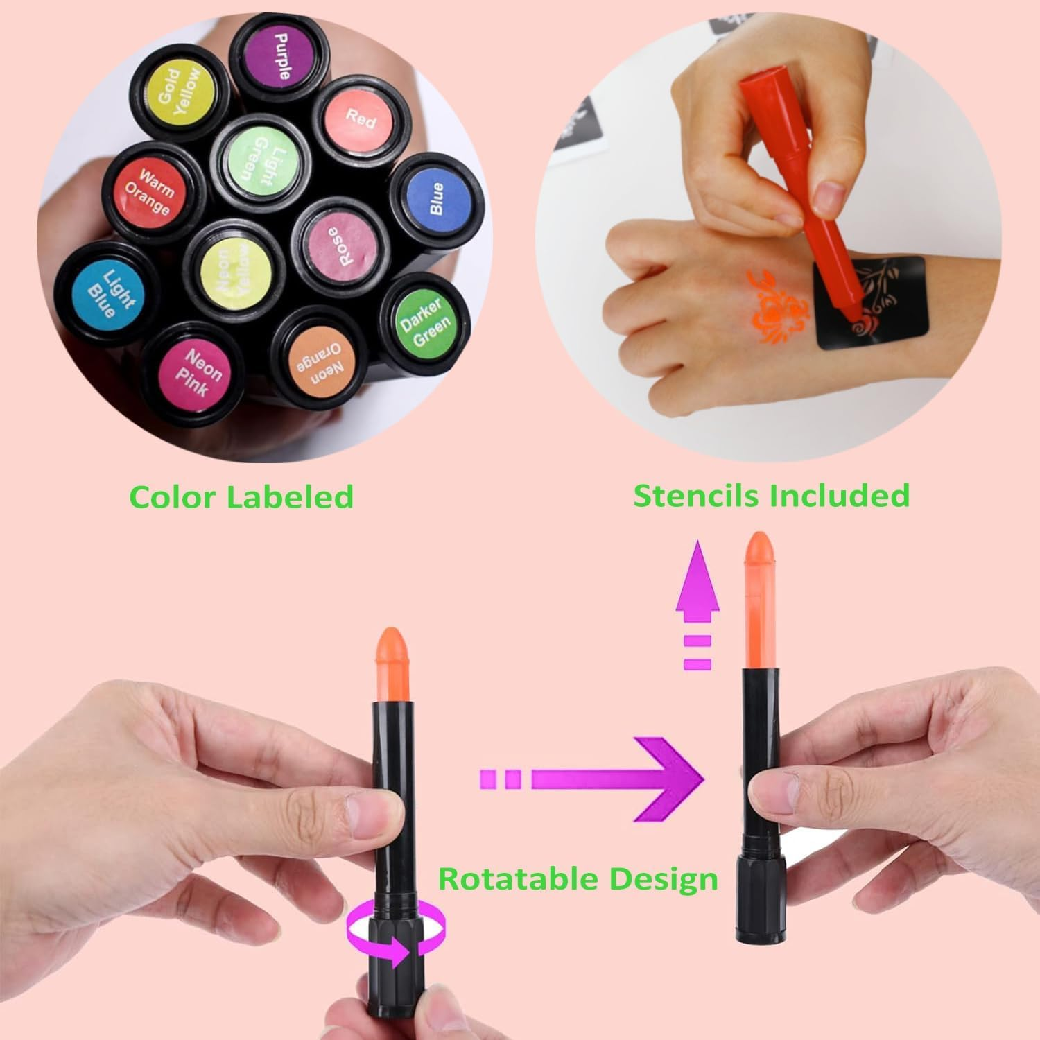 Face Paint Crayons Glow in the Dark Body Painting Kit under UV and Black Light Makeup Non-Toxic for Halloween Masquerades Easter Festivals Party Supplies (12 Colours) image number 2