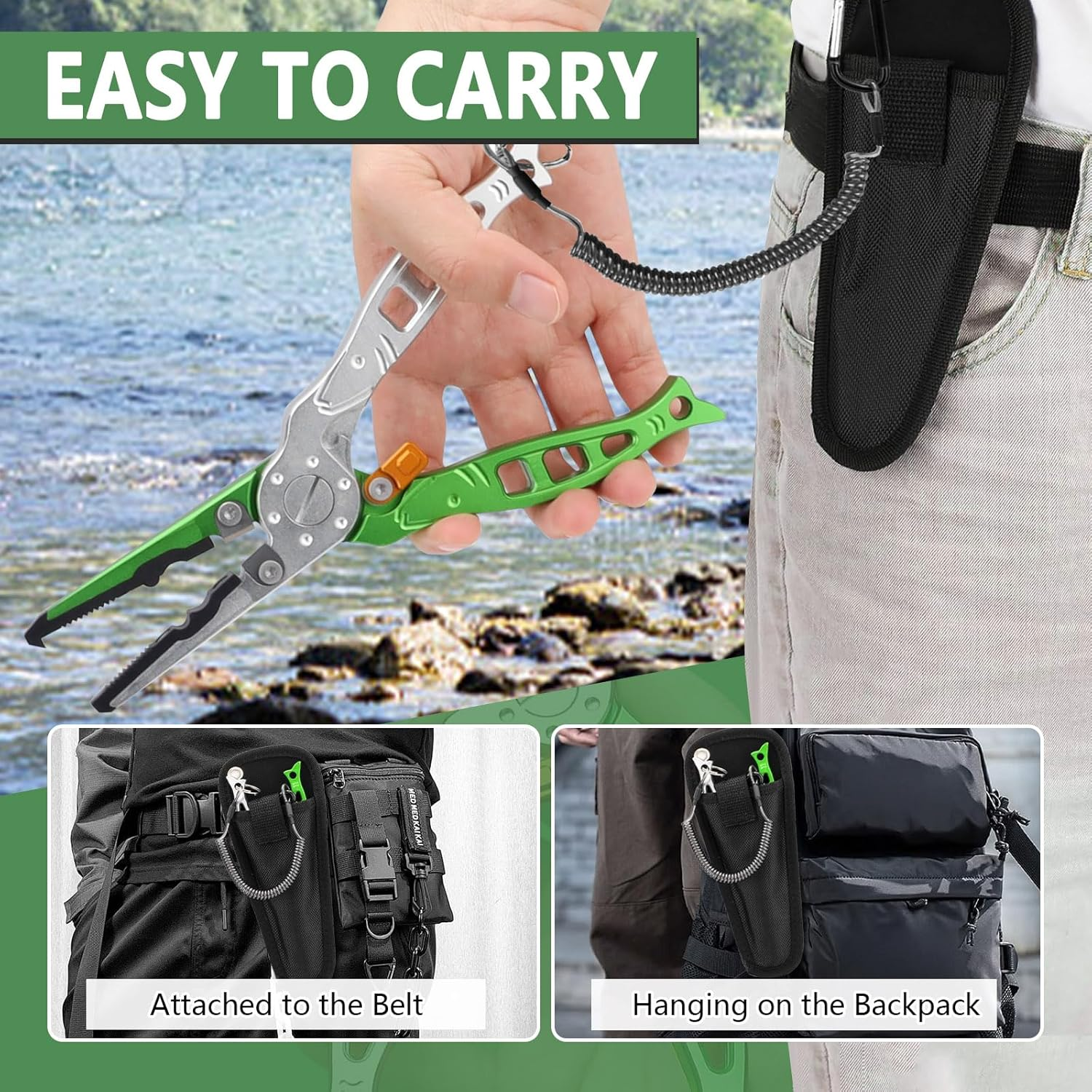 Fishing Pliers, Multi-Function Split Ring Pliers, Fish Hook Remover with Safety Lock, Fishing Gears with Sheath and Lanyard, Fishing Tool Gifts for Men image number 2