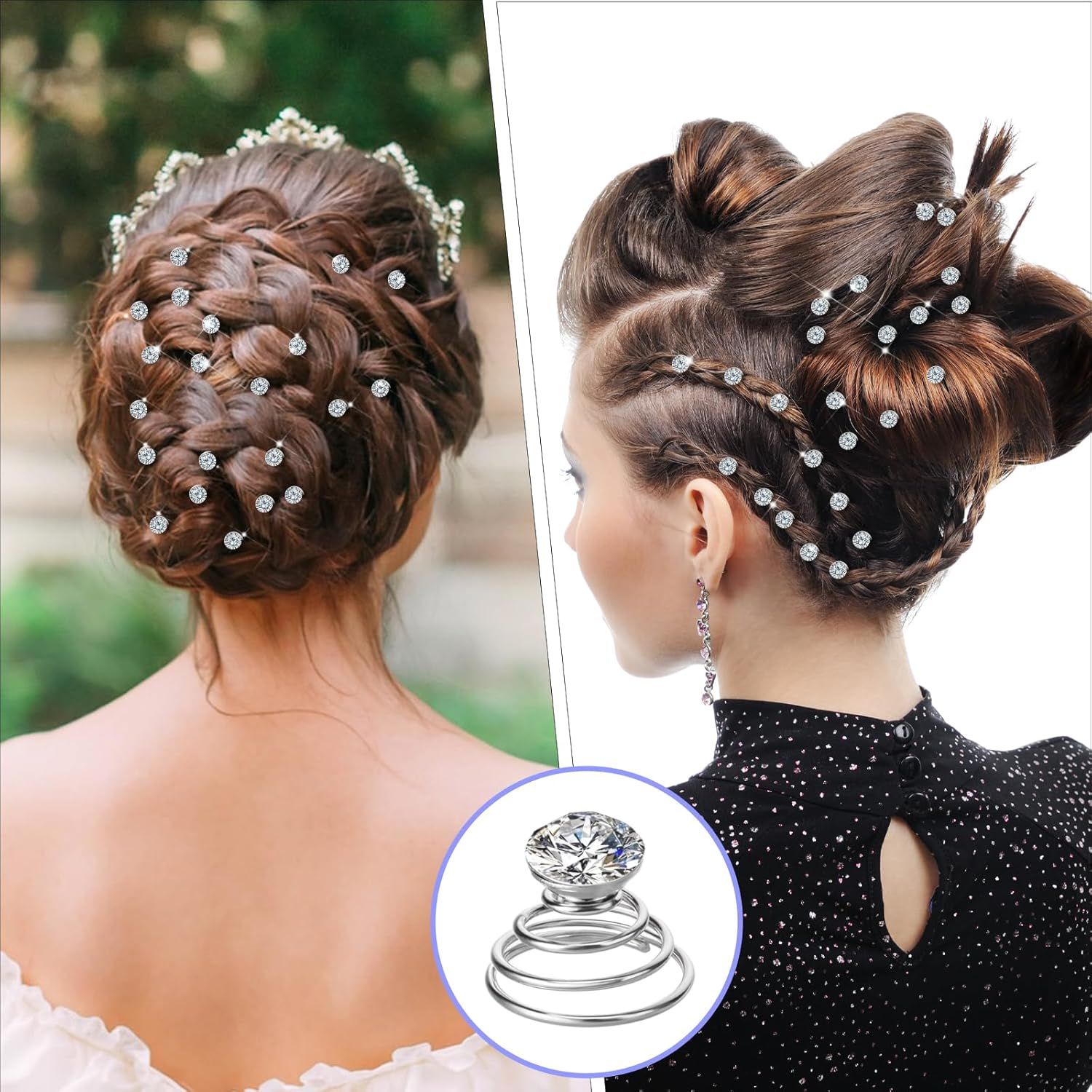 Spiral Rhinestone Hair Studs Set, 60PCS Gems Rhinestone Twister Hair Pins Pearl Flower Jewels Hair Pin Crystal Diamond Spiral Twist Hairpin Wedding Hair Accessories for Wedding Party Bridal Women Prom