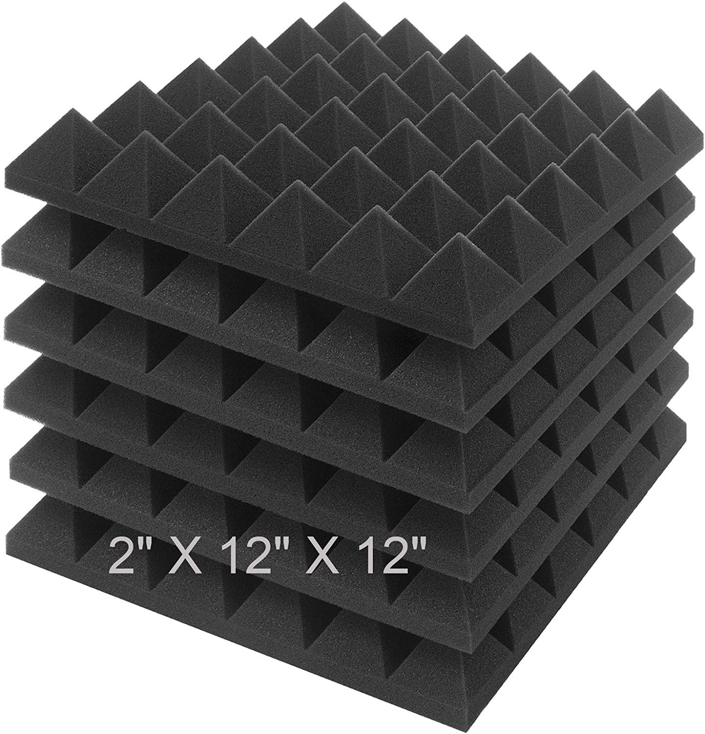 JBER Acoustic Sound Foam Panels, 6 Pack 2" X 12" X 12" Charcoal Soundproofing Treatment Studio Wall Padding Sound Absorbing Fireproof Pyramid Black Wall Panel