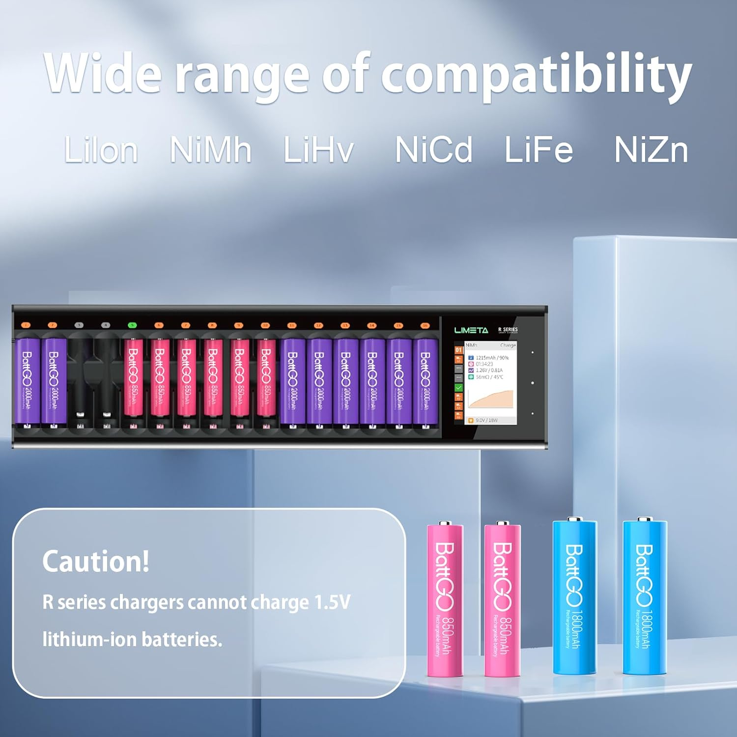 LIMETA 16 Slots Smart Battery Charger,Speedy Fast Charging Function with LCD Display,Universal Battery Charger for AA AAA Li-Lon, Lihv, Nimh, Nicd, Hife, Nizn Rechargeable Batteries