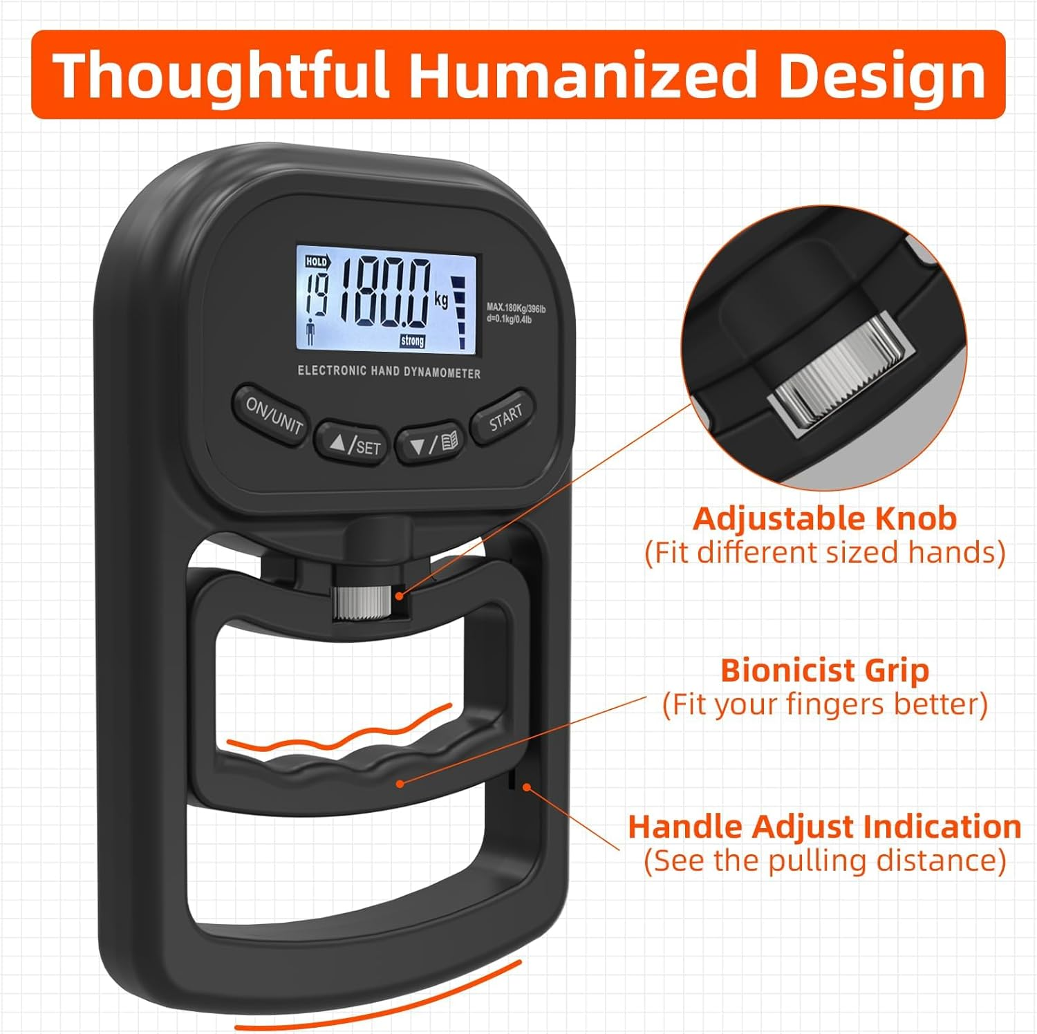 Digital Hand Dynamometer Grip Strength Tester, Digital Dynamometer for Hand Measurement Meter Auto Capturing Electronic Forearm Finger Power 198 Lbs / 90 Kgs, Gripping Strengthener for Sport, Home, School, Clinic Use image number 6