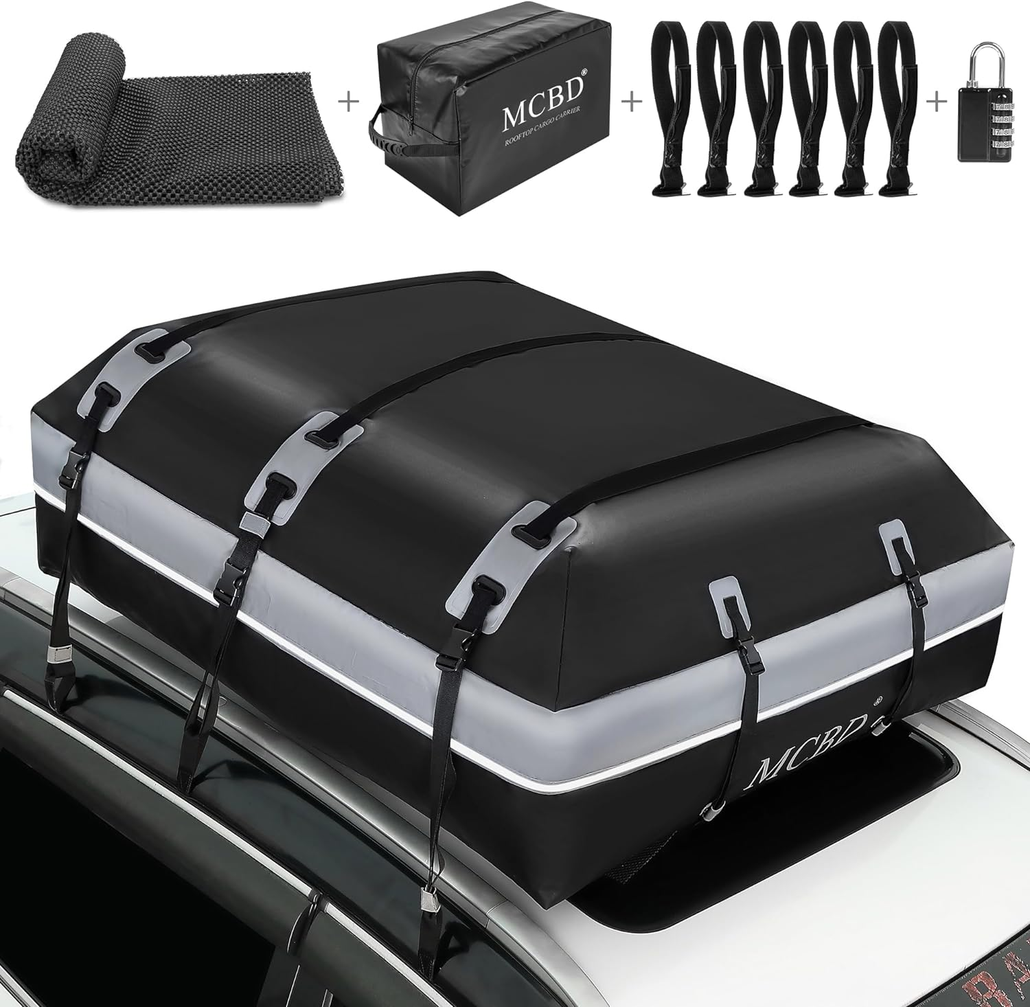 Rooftop Cargo Carrier, 21 Cubic Feet Soft-Shell Waterproof Car Roof Luggage Bag for All Vehicles SUV With/Without Rails, Includes 10 Reinforced Straps + 6 Door Hooks,Storage Bag,Anti-Slip Mat image number 6