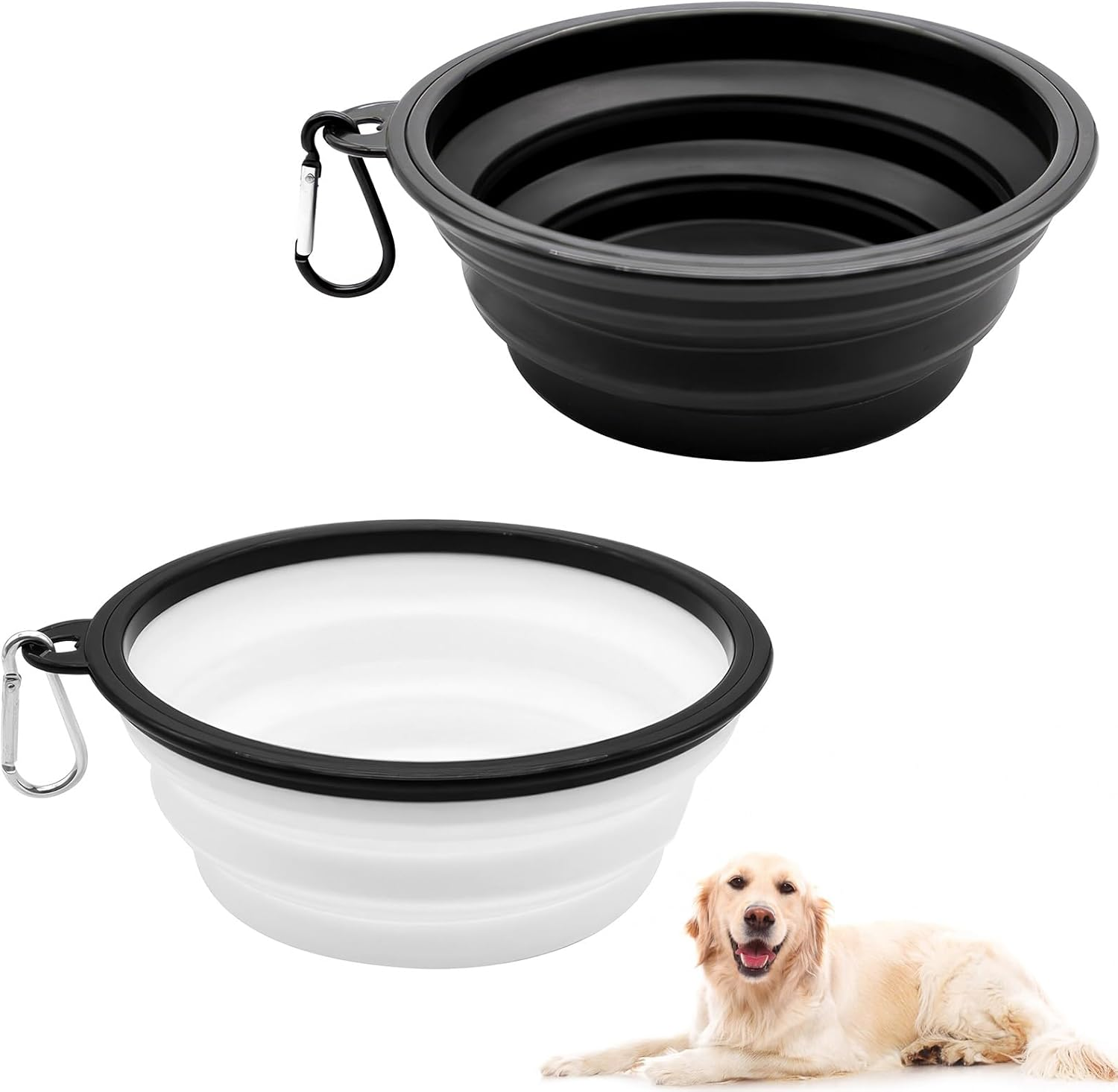 ZXCHOME Pack of 2 Dog Bowls, Foldable Travel Bowl, Leak-Proof Dog Bowl with Mountaineering Carabiner for Cats, Dogs and Pets for Water and Food (350 Ml, Black and White)