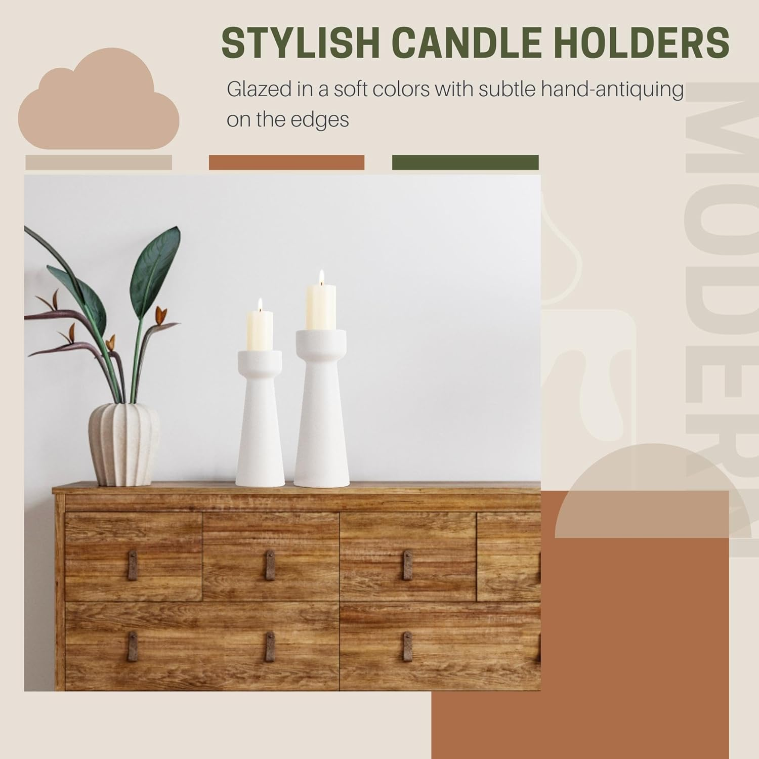 E-ROOM TREND Candle Holders Ceramic White Taper S&L Set of 2 Matte Stylish Decorative Candlestick Holders for Home Decor Dinning Wedding Party Aromatherapy Votive (CH7585W) - White image number 3