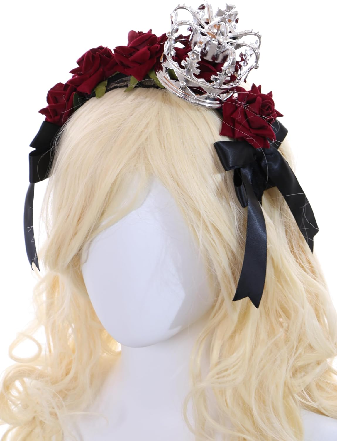 C-104-1 Silver Crown with Roses Red Lace Bow Ruffle Gothic Lolita Headband Party Celebration Hair Accessories Head Accessory image number 6
